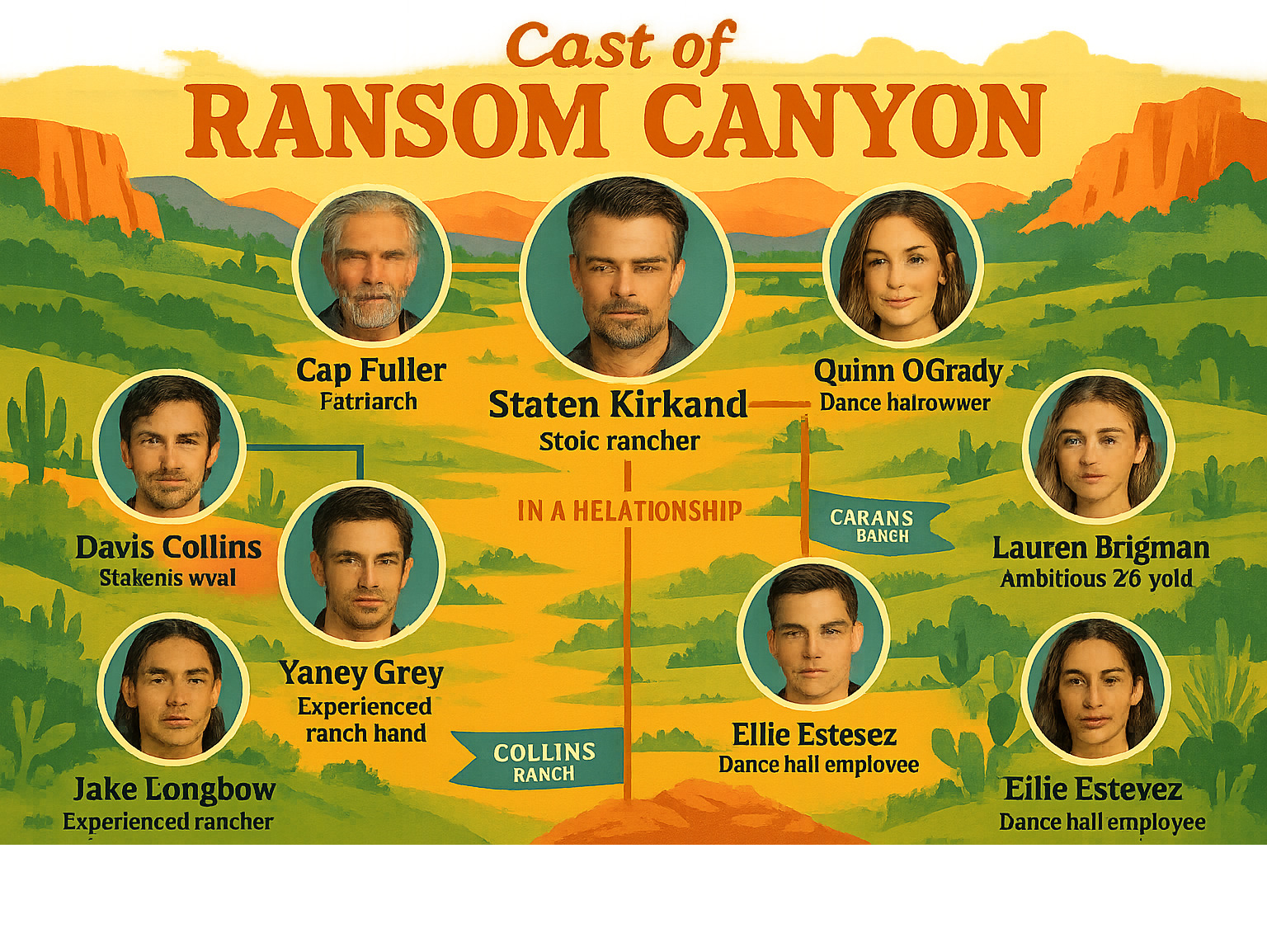 Detailed infographic showing the cast of Ransom Canyon with character names, actor headshots, ranch affiliations, and key relationships mapped out in a Texas Hill Country landscape design - cast of ransom canyon infographic Detailed infographic showing the cast of Ransom Canyon with character names, actor headshots, ranch affiliations, and key relationships mapped out in a Texas Hill Country landscape design - cast of ransom canyon infographic