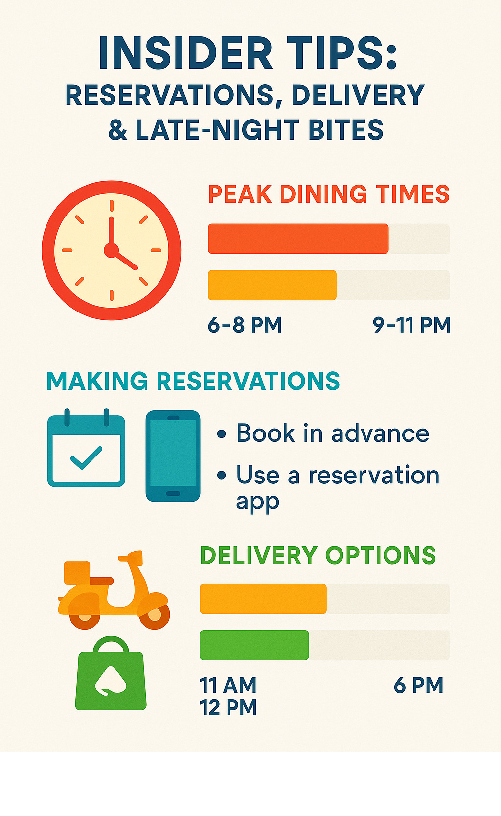 Infographic showing peak dining times, reservation strategies, and delivery options with timing charts and app icons - best restaurants near me infographic 