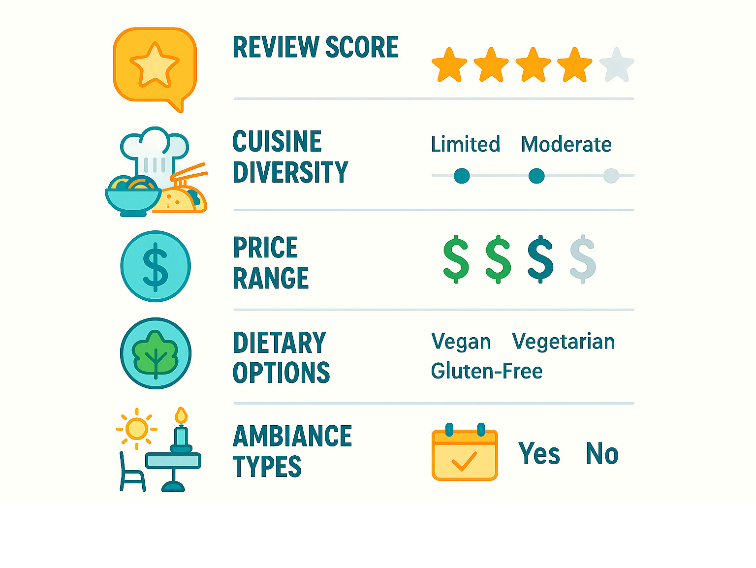 Detailed infographic showing restaurant selection criteria including review scores, cuisine diversity, price ranges, dietary options, ambiance types, and booking availability with visual icons and rating scales - best restaurants near me infographic 