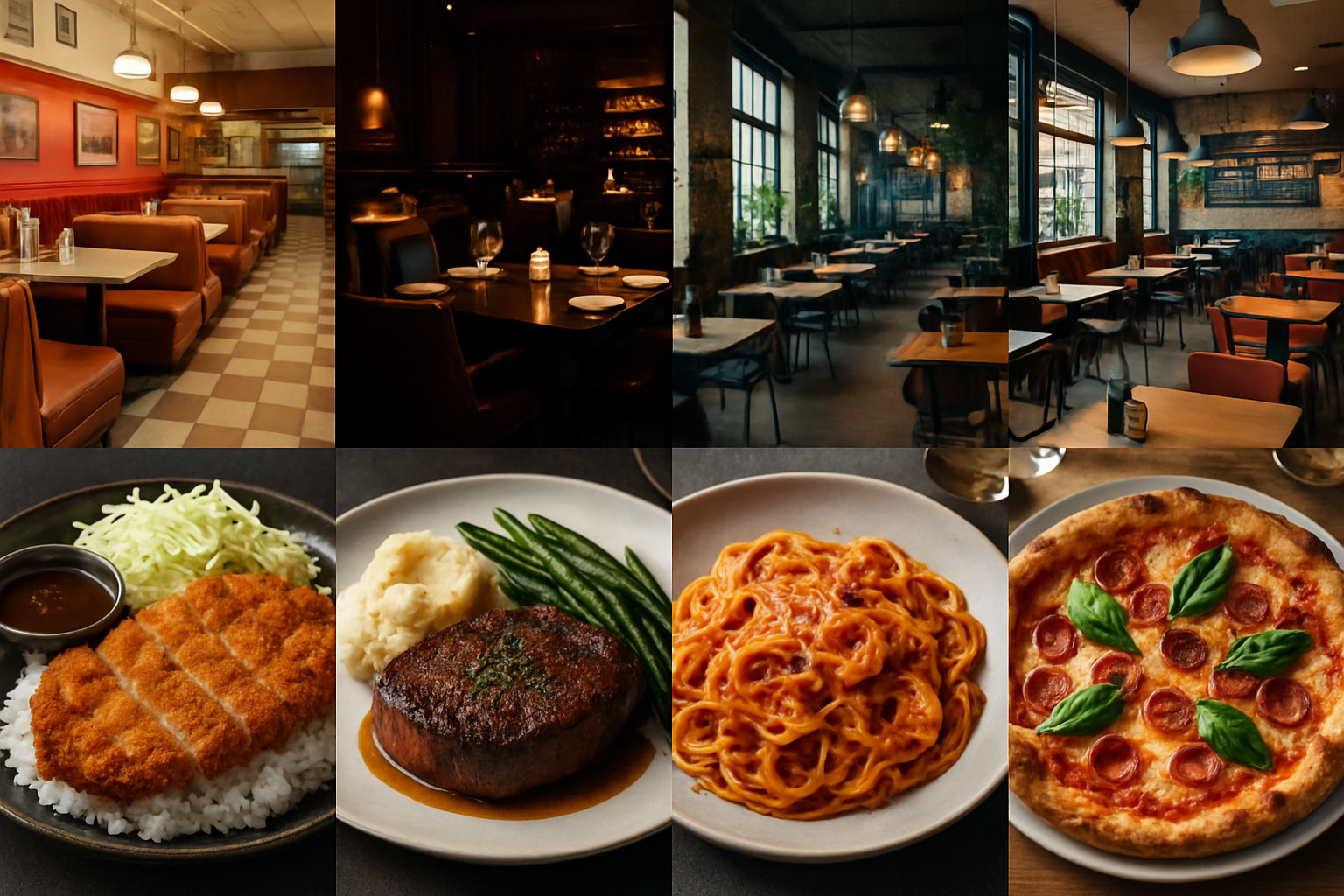 Collage of diverse restaurant interiors and dishes representing different dining styles - best restaurants near me