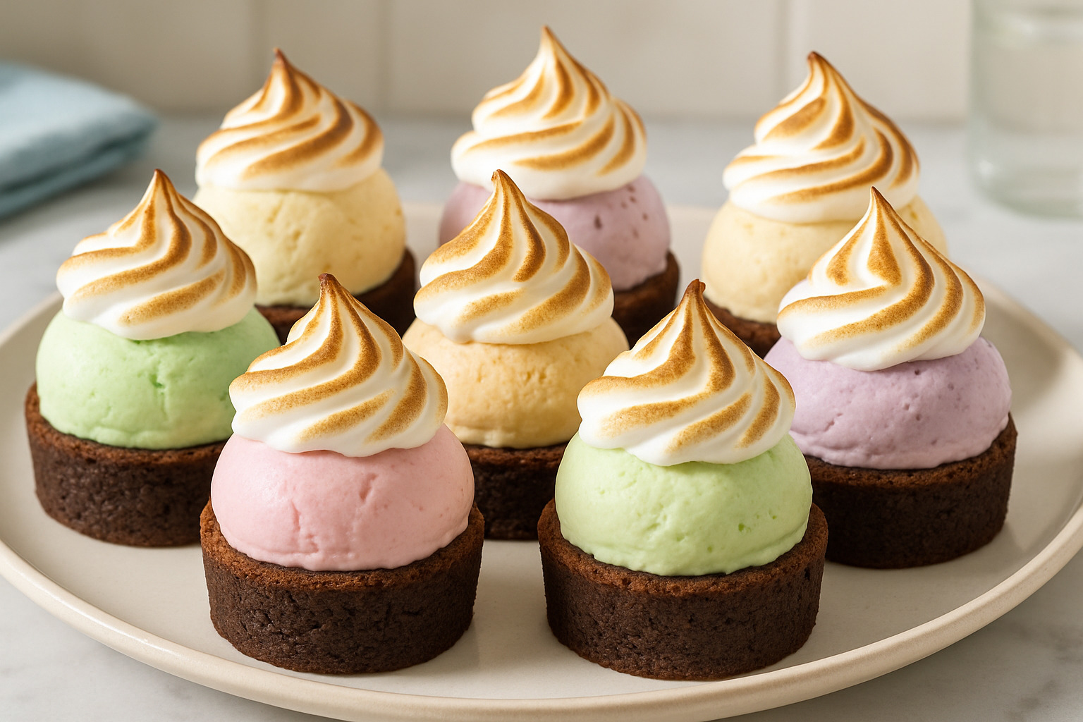 Individual brownie-based Baked Alaska cupcakes with different ice cream flavors and perfectly torched meringue tops - baked alaska
