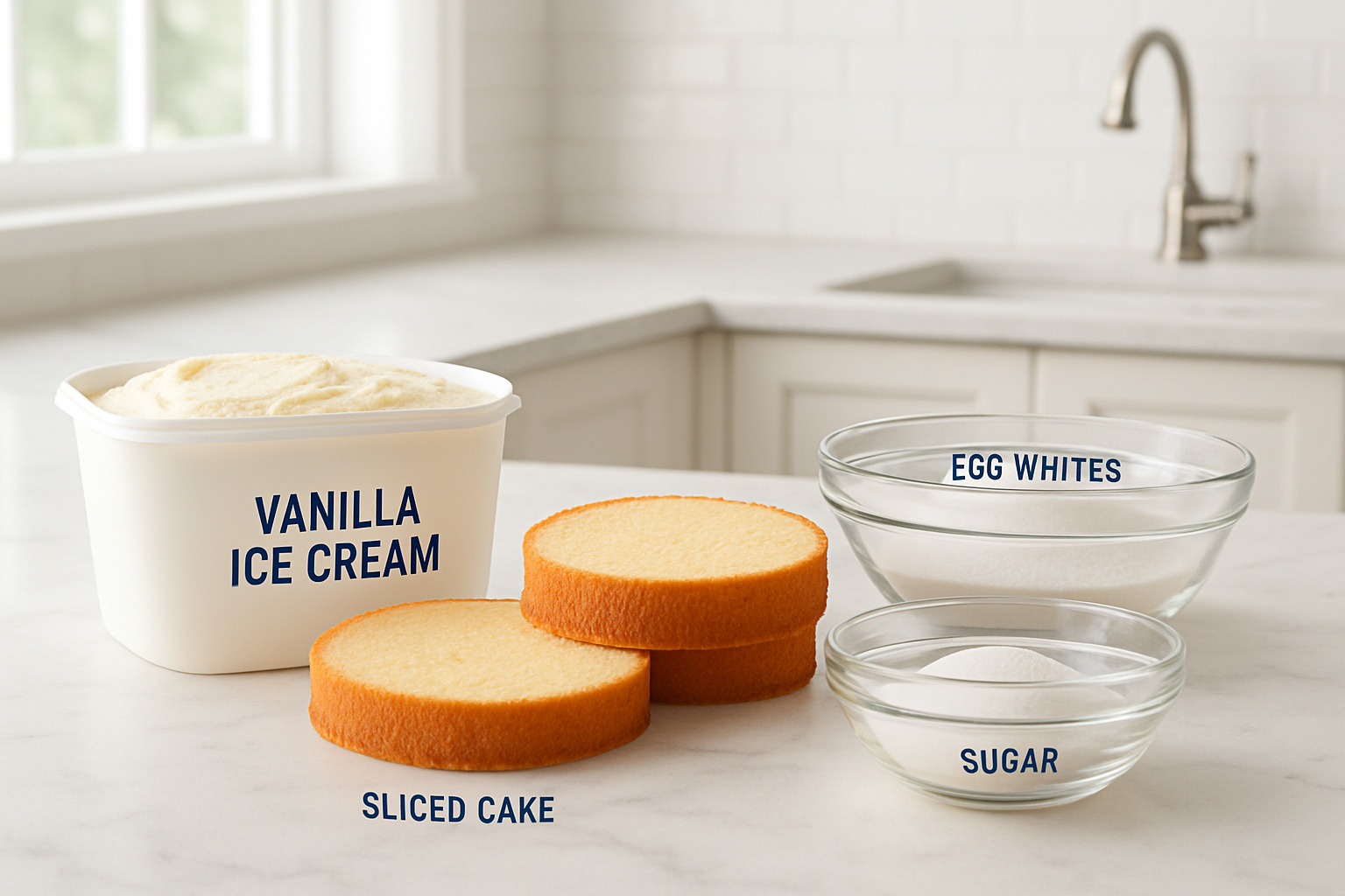 Key ingredients for Baked Alaska including ice cream, cake layers, egg whites, and sugar arranged on a marble countertop - baked alaska