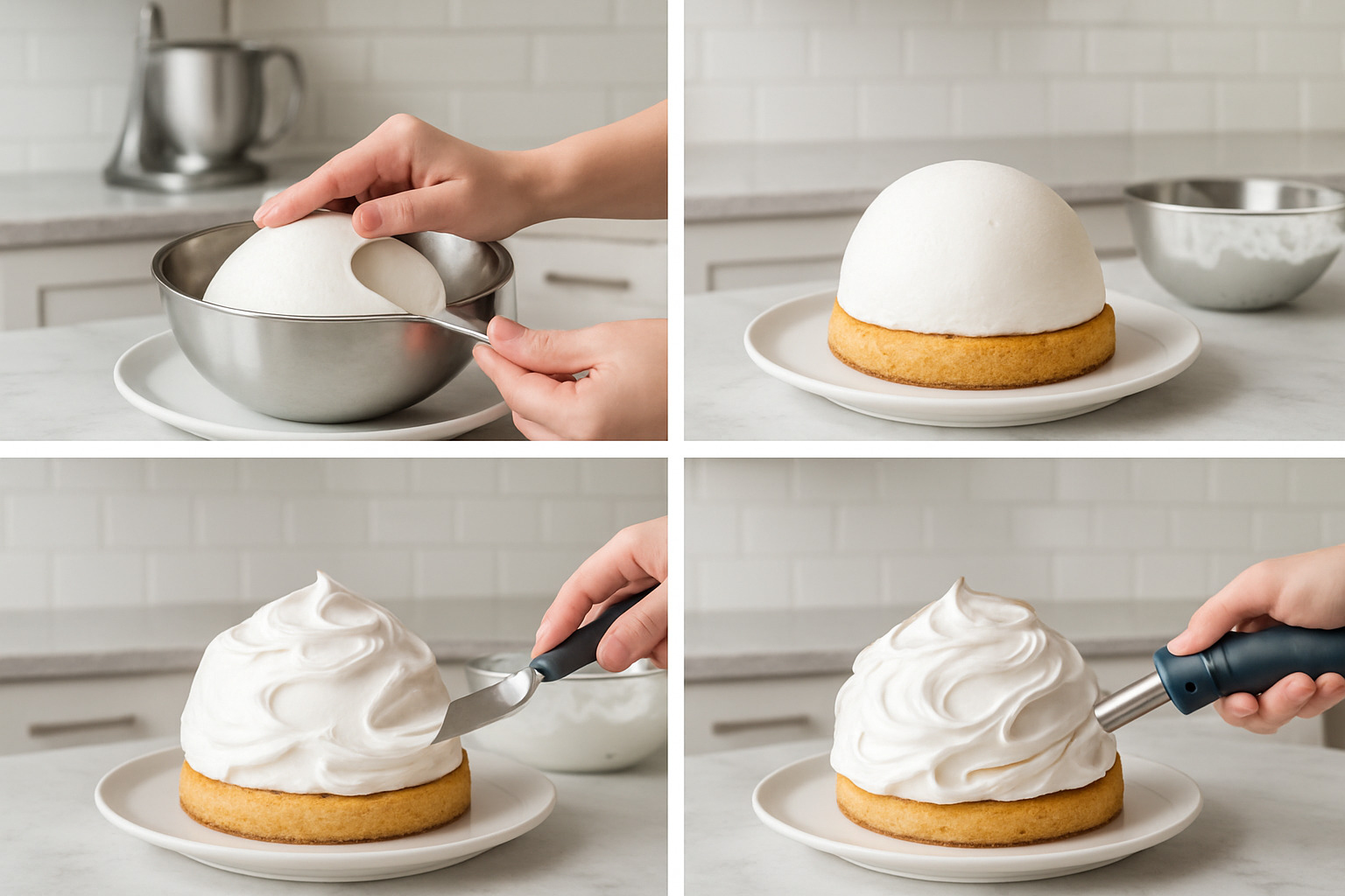 Step-by-step assembly stages of Baked Alaska showing ice cream molding, cake placement, meringue application, and final torching - baked alaska