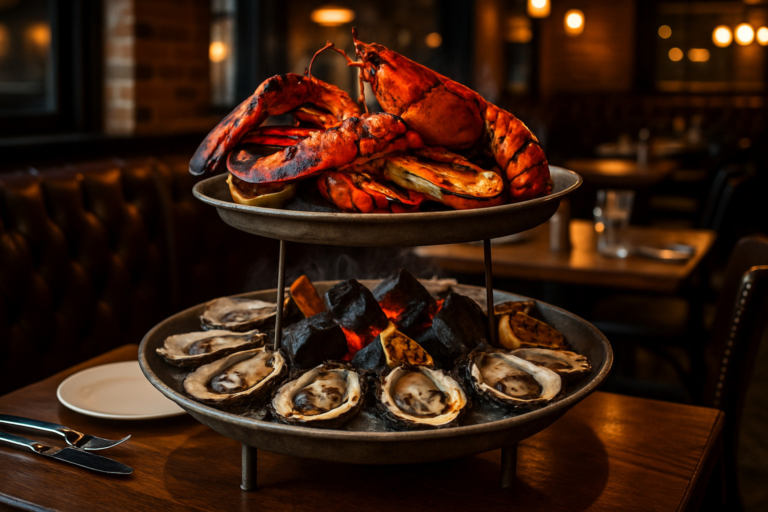coal-fired seafood tower with oysters and lobster - trivoli tavern
