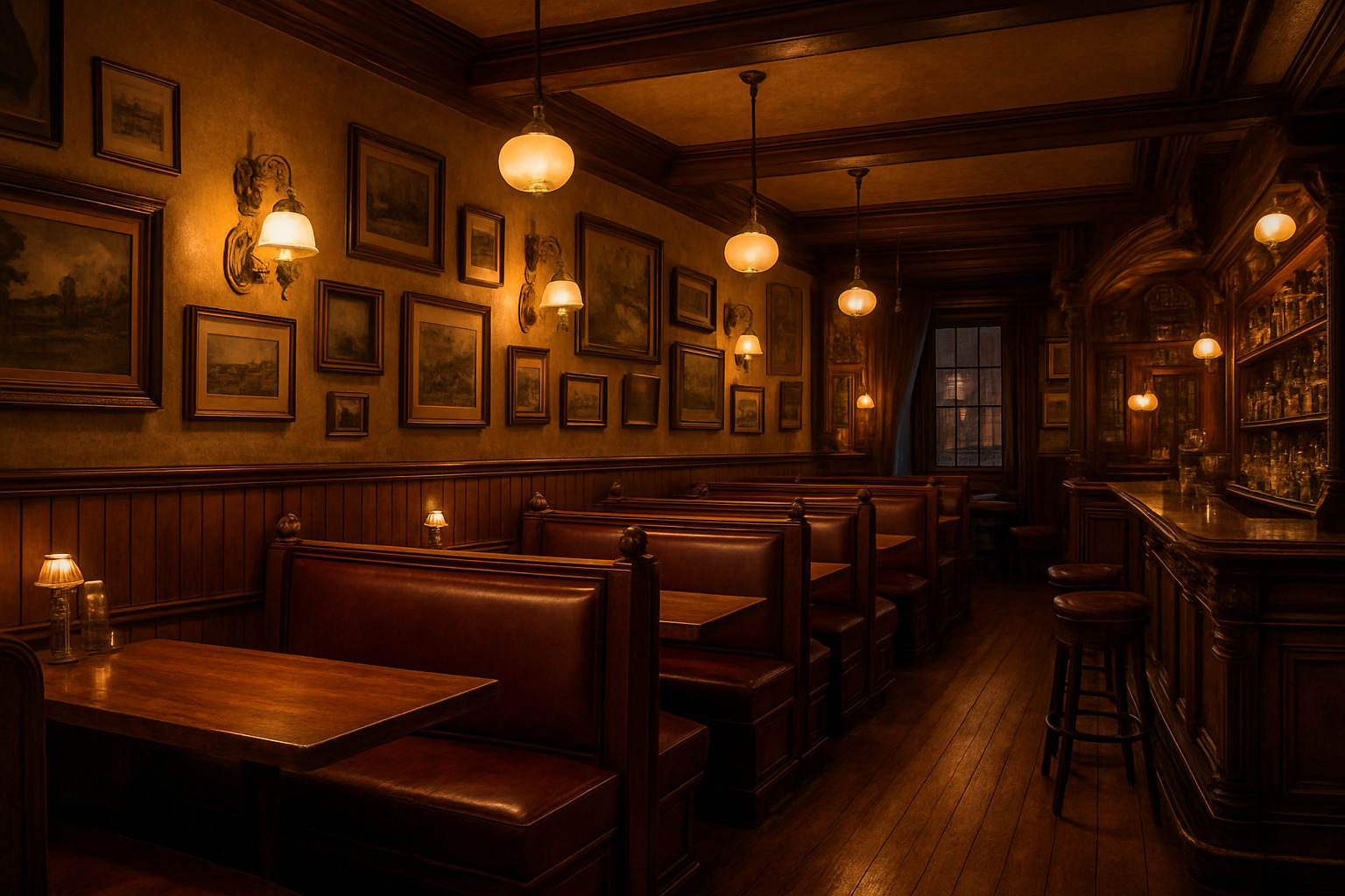 mahogany interior booths with warm lighting and vintage tavern décor - trivoli tavern