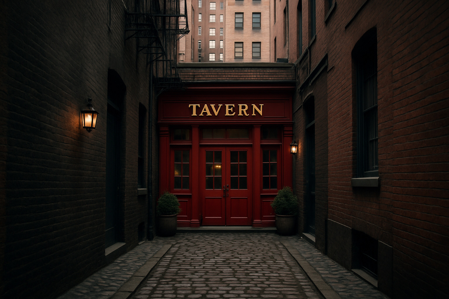 cobblestone courtyard entrance with royal red storefront - trivoli tavern