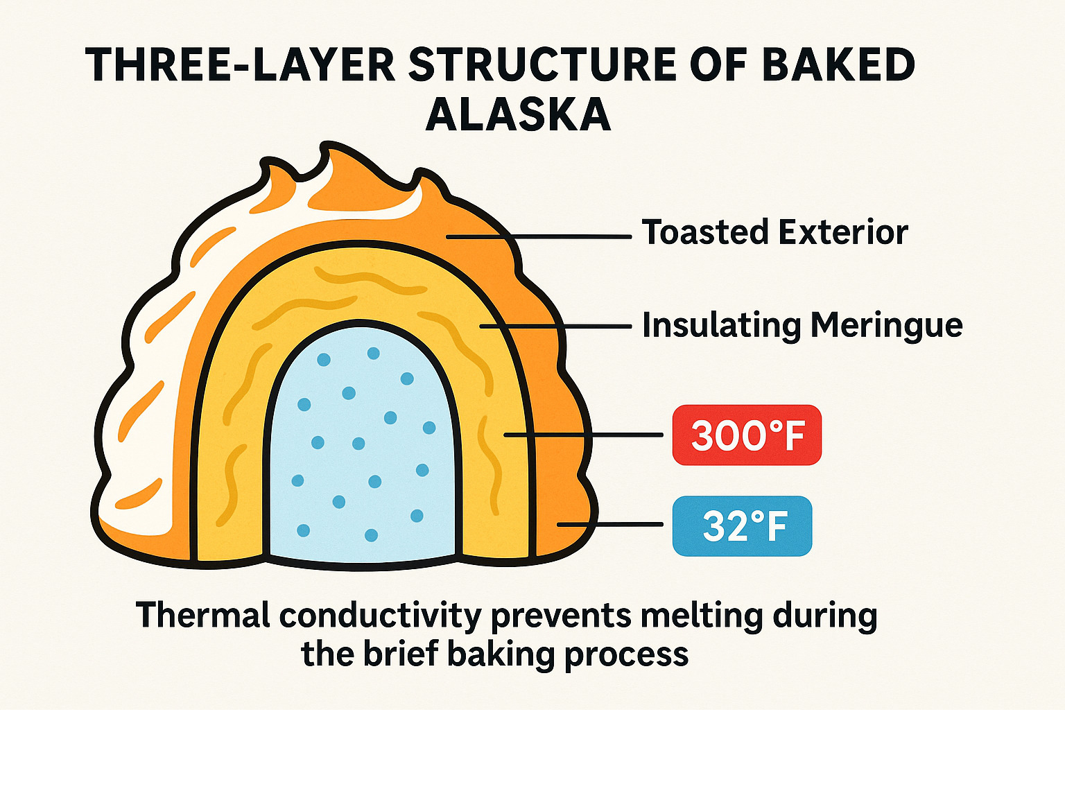 Infographic showing the three-layer structure of Baked Alaska with temperature zones: cold ice cream core at 32°F, insulating meringue layer, and hot toasted exterior at 300°F, demonstrating how thermal conductivity prevents melting during the brief baking process - baked alaska infographic 