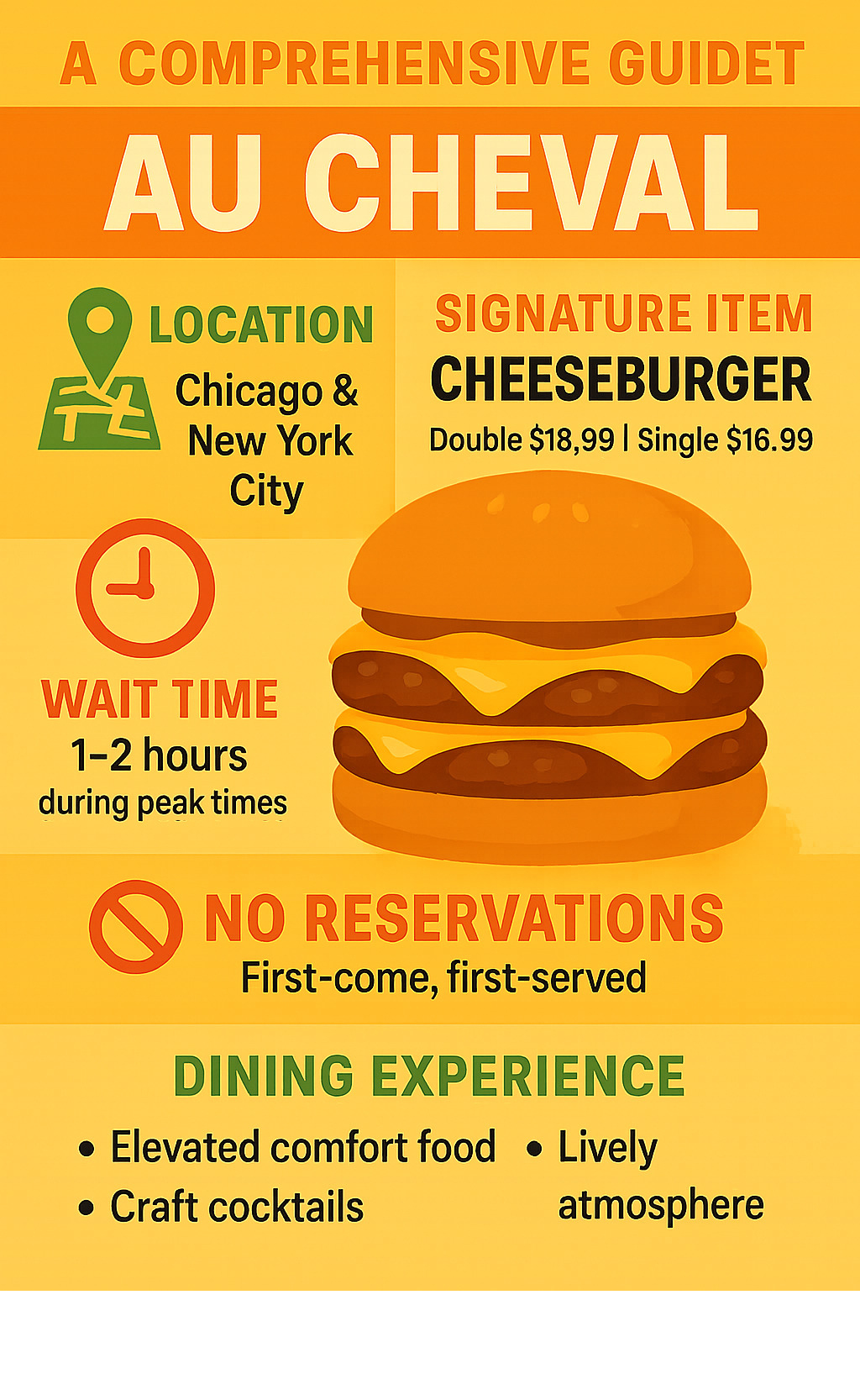 Comprehensive guide to Au Cheval restaurant including location details, signature menu items like the famous cheeseburger, pricing information, wait times, no-reservation policy, and dining experience highlights - au cheval infographic 