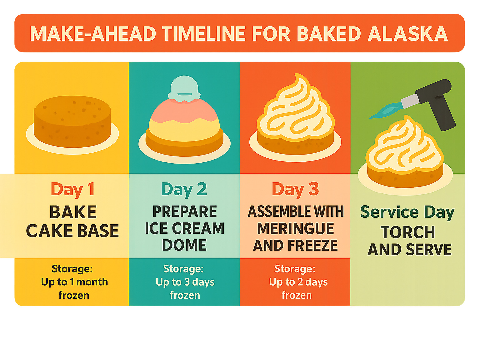Infographic showing make-ahead timeline for Baked Alaska: Day 1 - bake cake base, Day 2 - prepare ice cream dome, Day 3 - assemble with meringue and freeze, Service day - torch and serve, with storage tips for each stage - baked alaska infographic 