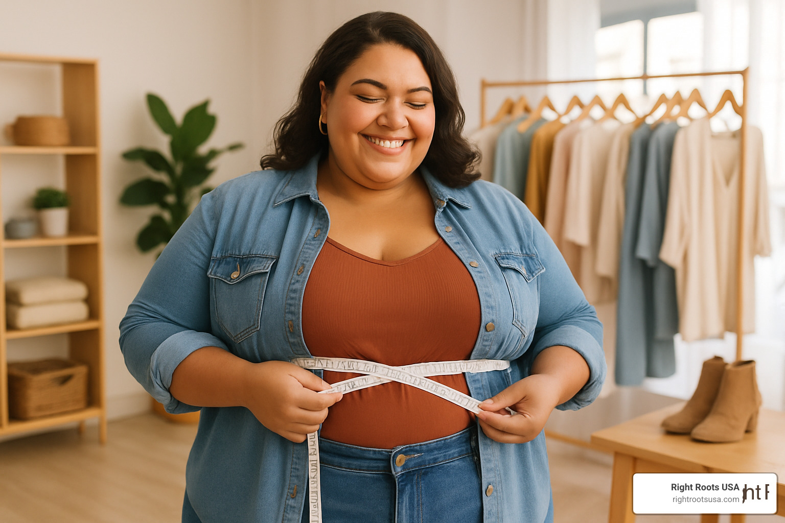 curvy model measuring waist and bust - plus size southern boutique