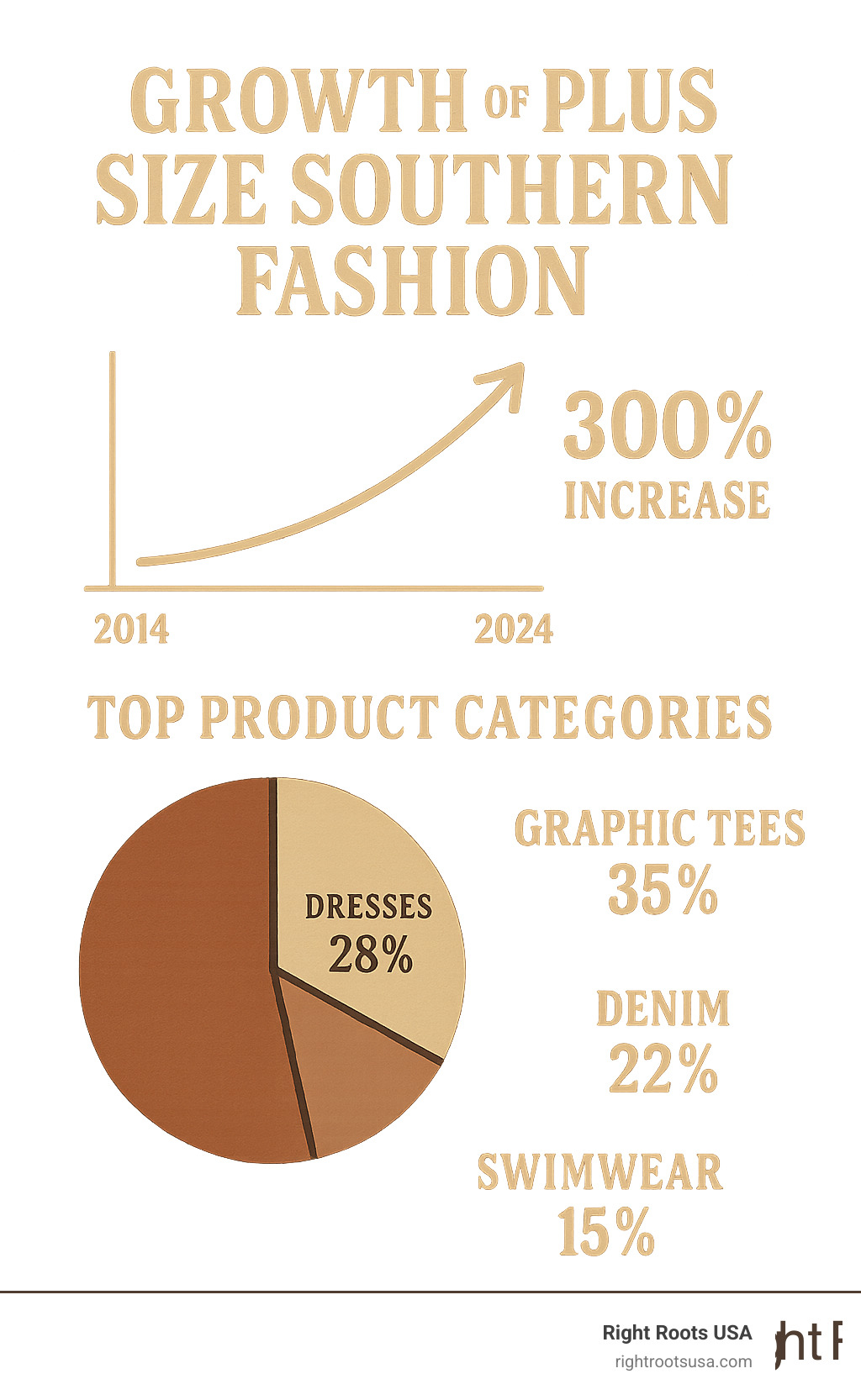 Growth of Plus Size Southern Fashion market showing 300% increase from 2014-2024, with breakdown of top product categories: graphic tees 35%, dresses 28%, denim 22%, swimwear 15% - plus size southern boutique infographic 