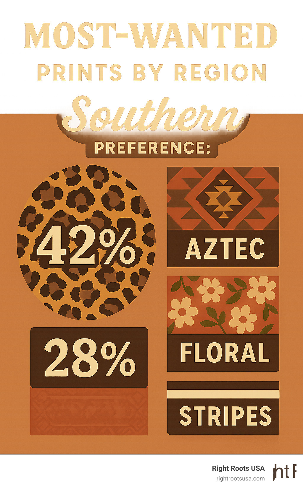 Most-Wanted Prints by Region showing Southern preference: Leopard 42%, Aztec 28%, Floral 18%, Stripes 12% - plus size southern boutique infographic 
