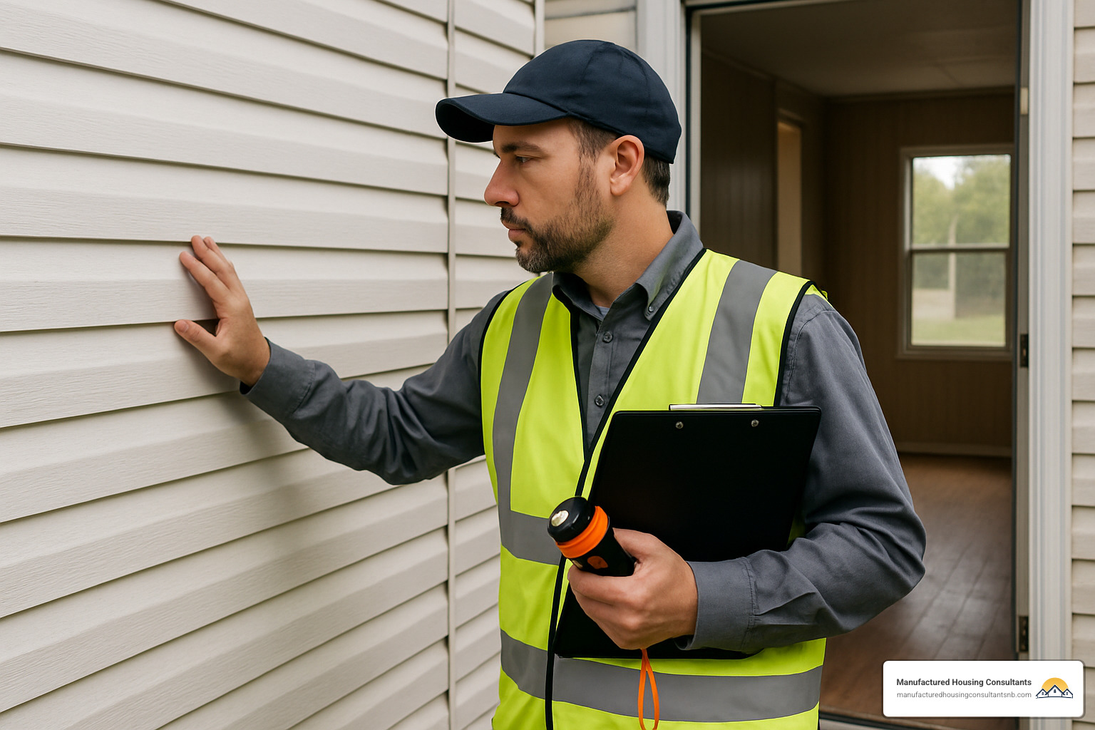 Professional inspector examining the exterior and interior of a used manufactured home with clipboard and tools - used manufactured home for sale near me