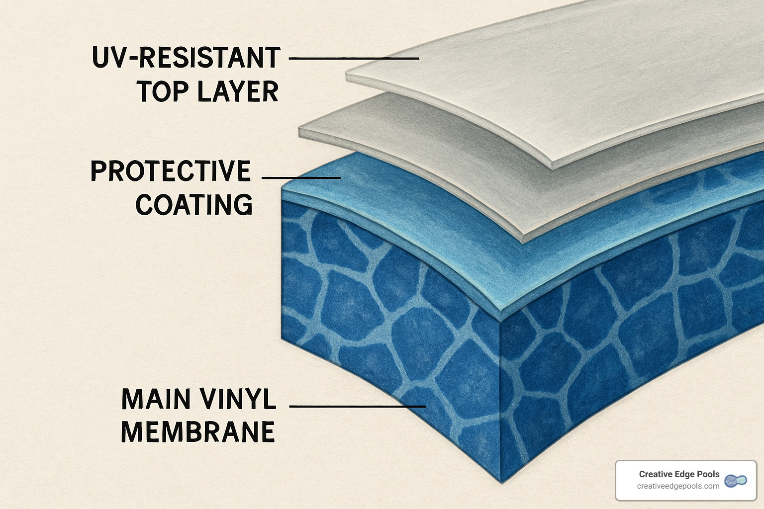 Cross-section view of pool liner layers showing vinyl membrane, protective coating, and UV-resistant top layer - Pool Liner Replacement Cost