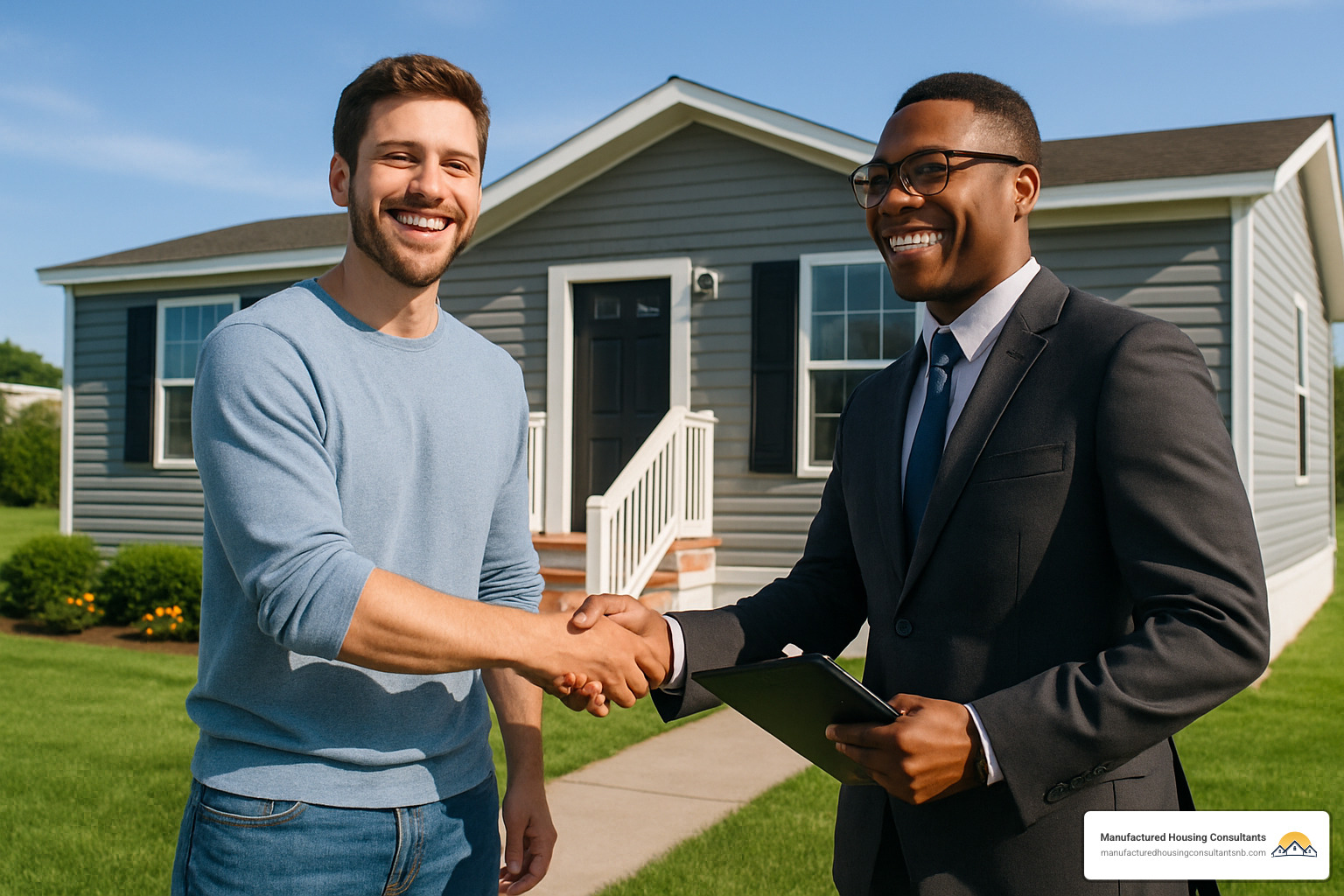 Happy buyer shaking hands with a professional consultant in front of a beautifully set up manufactured home - used manufactured home for sale near me