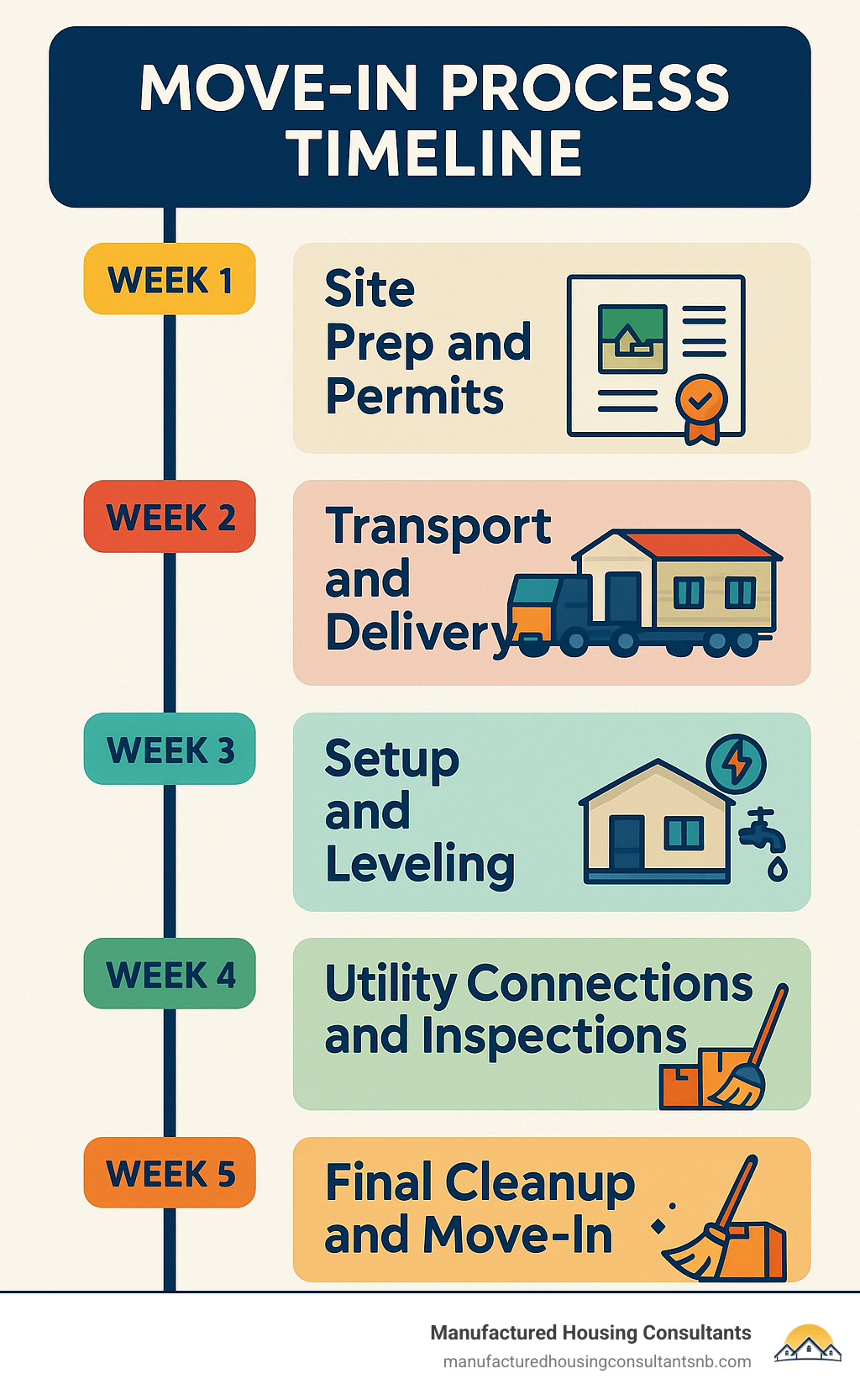 Timeline infographic showing the complete move-in process: Week 1 - Site prep and permits, Week 2 - Transport and delivery, Week 3 - Setup and leveling, Week 4 - Utility connections and inspections, Week 5 - Final cleanup and move-in - used manufactured home for sale near me infographic 