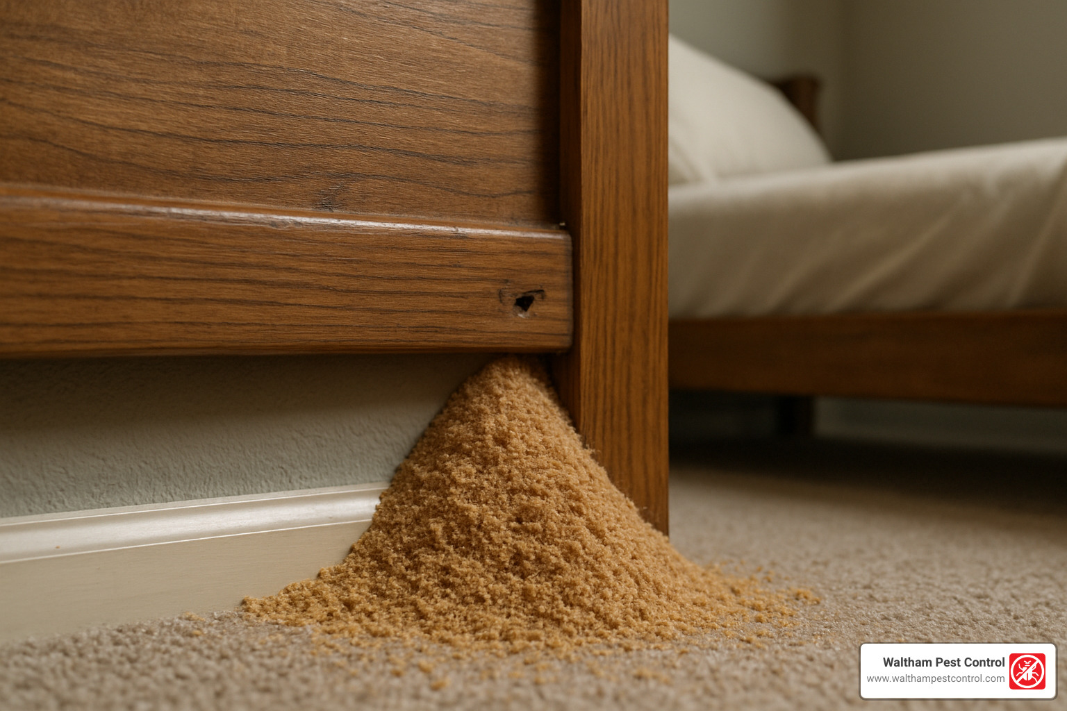 frass pile beneath headboard - carpenter ants in bed