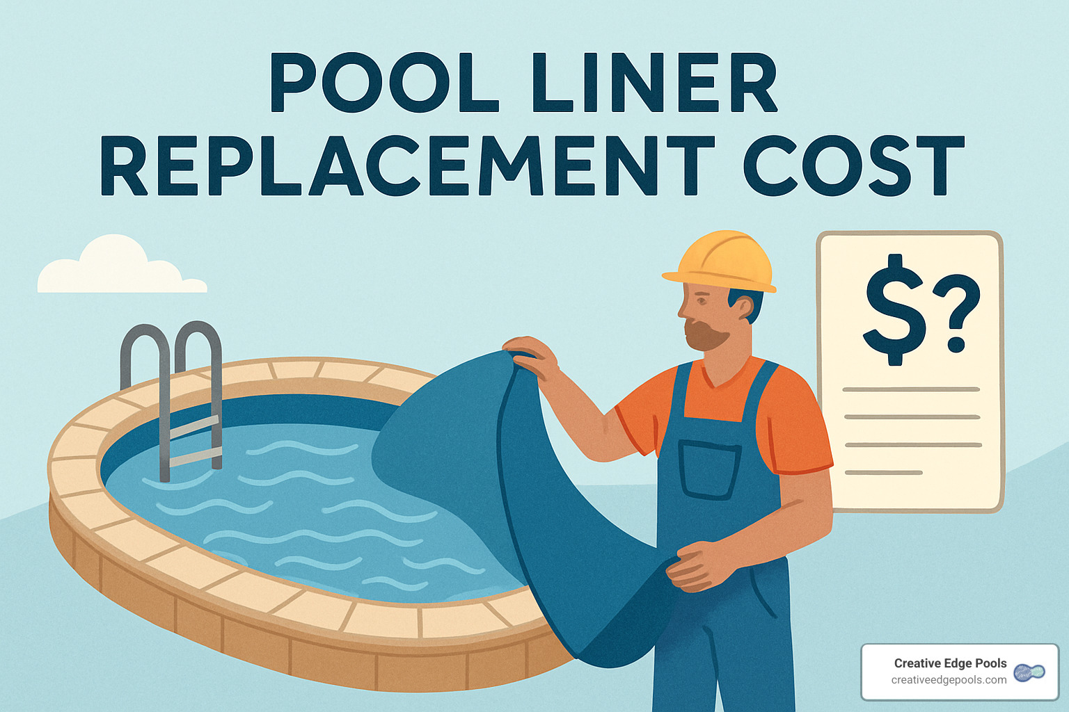 Exploded view diagram showing all cost components: liner material, labor, permits, water fill, disposal, repairs, and optional upgrades stacked as transparent layers - Pool Liner Replacement Cost
