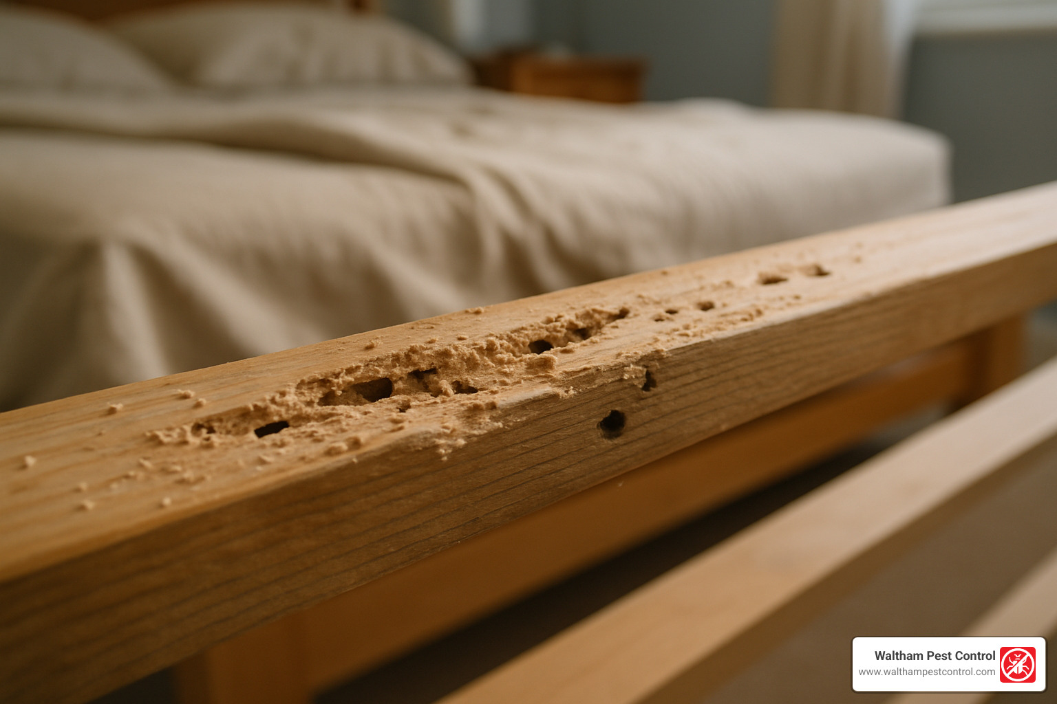 chewed wooden slat - carpenter ants in bed