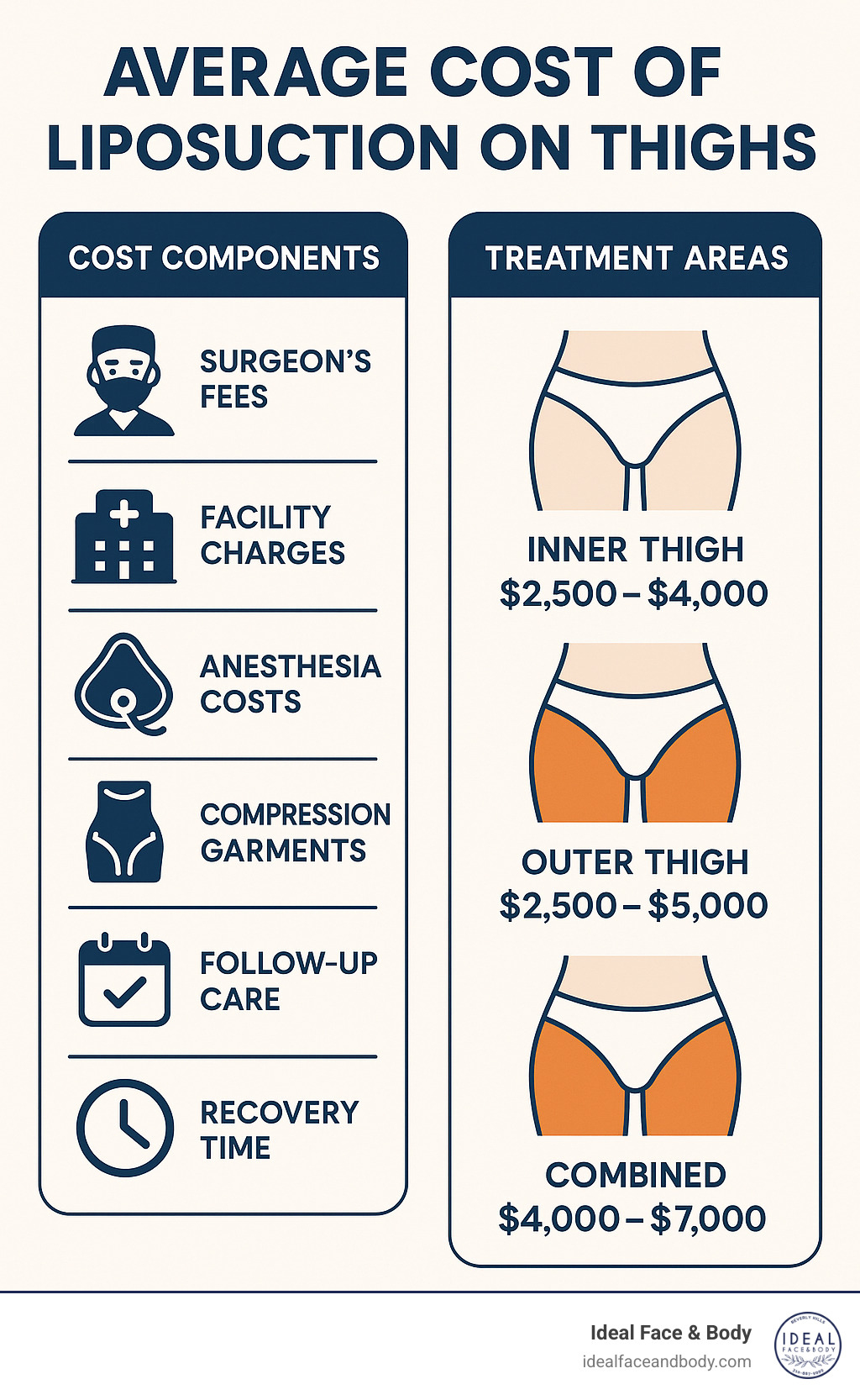 Comprehensive breakdown of thigh liposuction cost components including surgeon fees, facility charges, anesthesia costs, compression garments, follow-up care, and recovery timeline with average price ranges for inner thigh, outer thigh, and combined treatment areas - average cost of liposuction on thighs infographic 