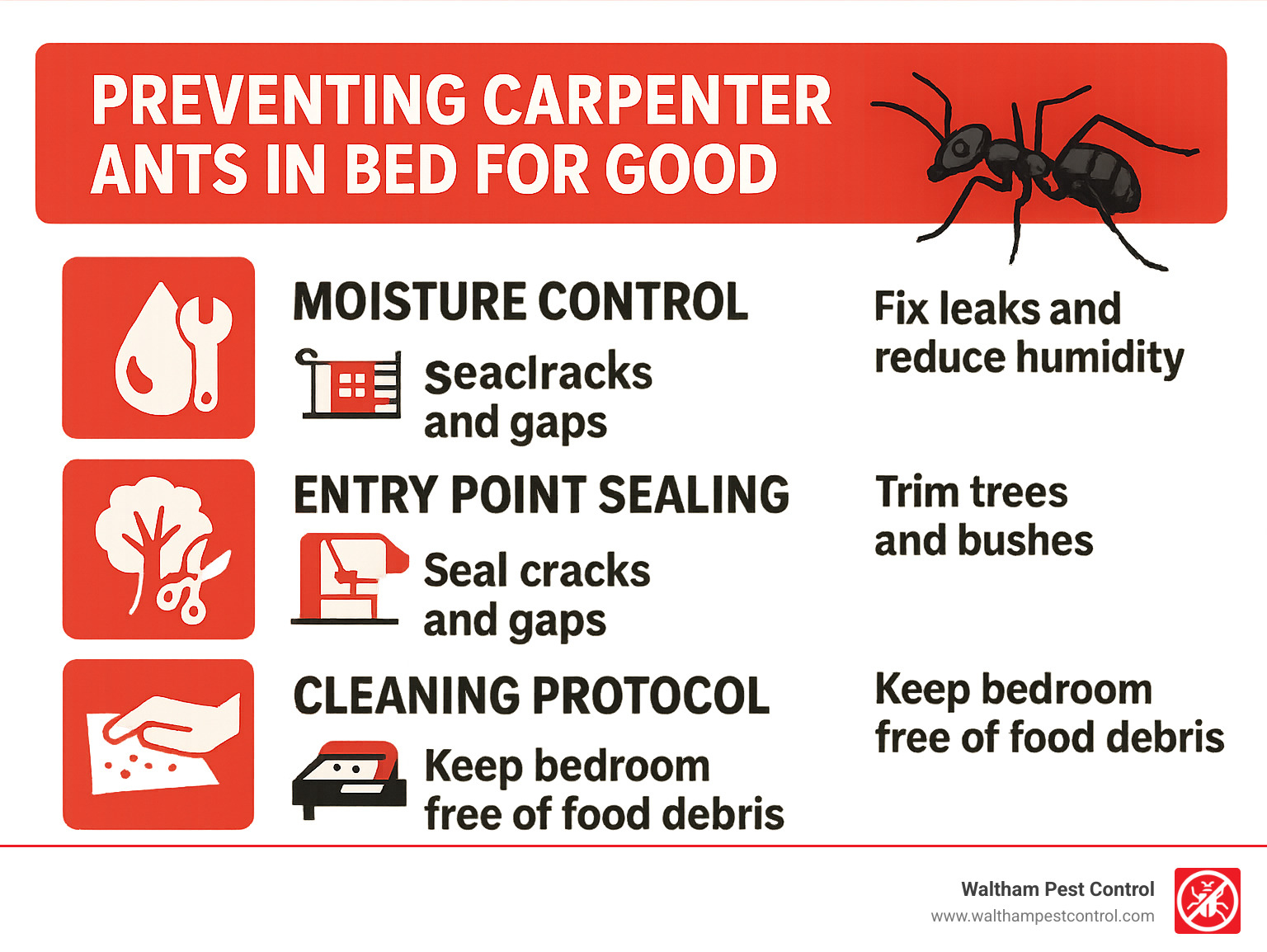 carpenter ant prevention infographic showing moisture control, entry point sealing, vegetation management, and cleaning protocols - carpenter ants in bed infographic