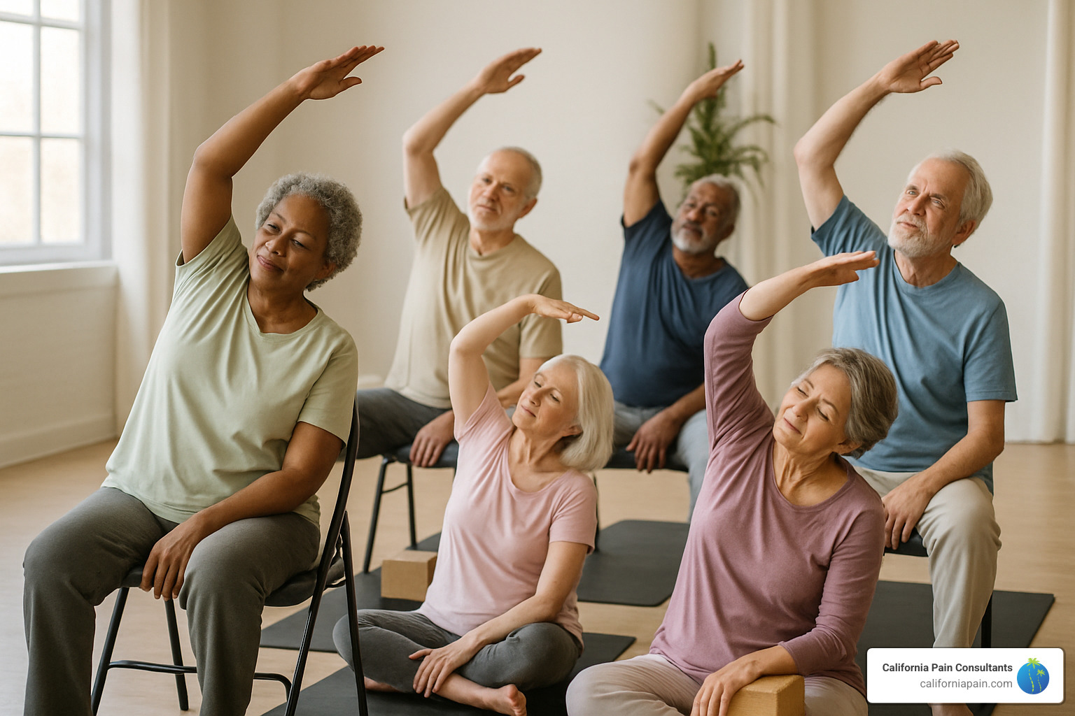 Senior yoga group practicing gentle poses in a peaceful studio setting - alternative treatments for chronic pain