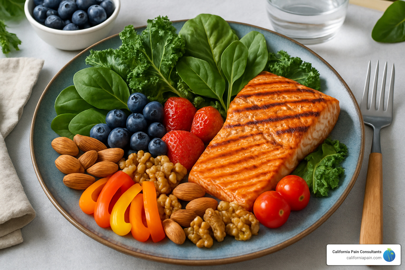 Colorful plate filled with anti-inflammatory foods including salmon, leafy greens, berries, nuts, and colorful vegetables - alternative treatments for chronic pain