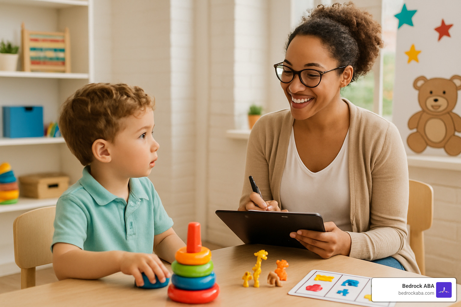 child engaged in ABA therapy session with therapist using data collection tools - private aba therapy near me