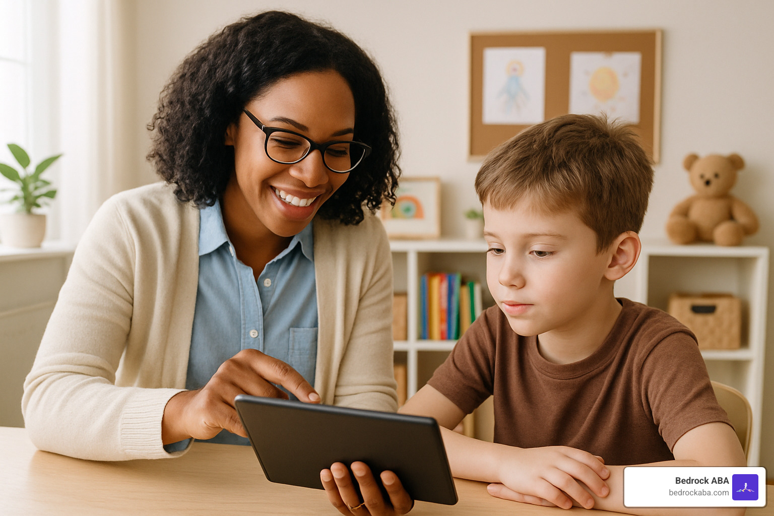 therapist working with child using tablet for data collection - private aba therapy near me
