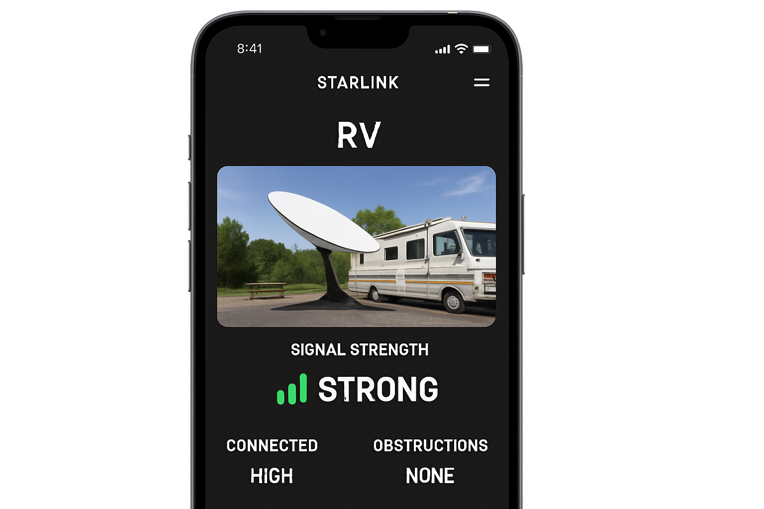 Screenshot showing strong Starlink signal strength on mobile phone app - Starlink RV mounting kit