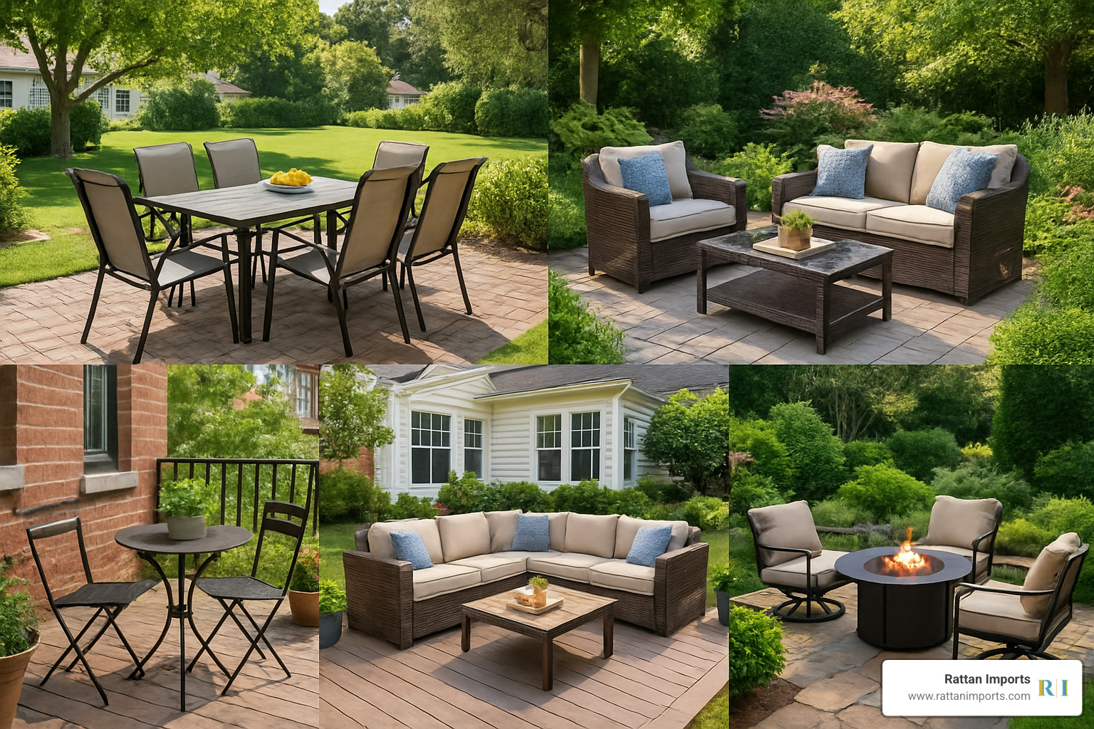Collage showing different outdoor patio furniture types arranged in styled outdoor settings - outdoor patio furniture