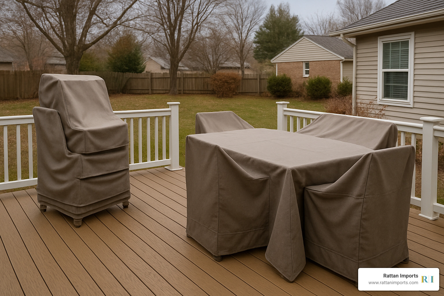 Outdoor furniture properly covered and arranged for weather protection - outdoor patio furniture