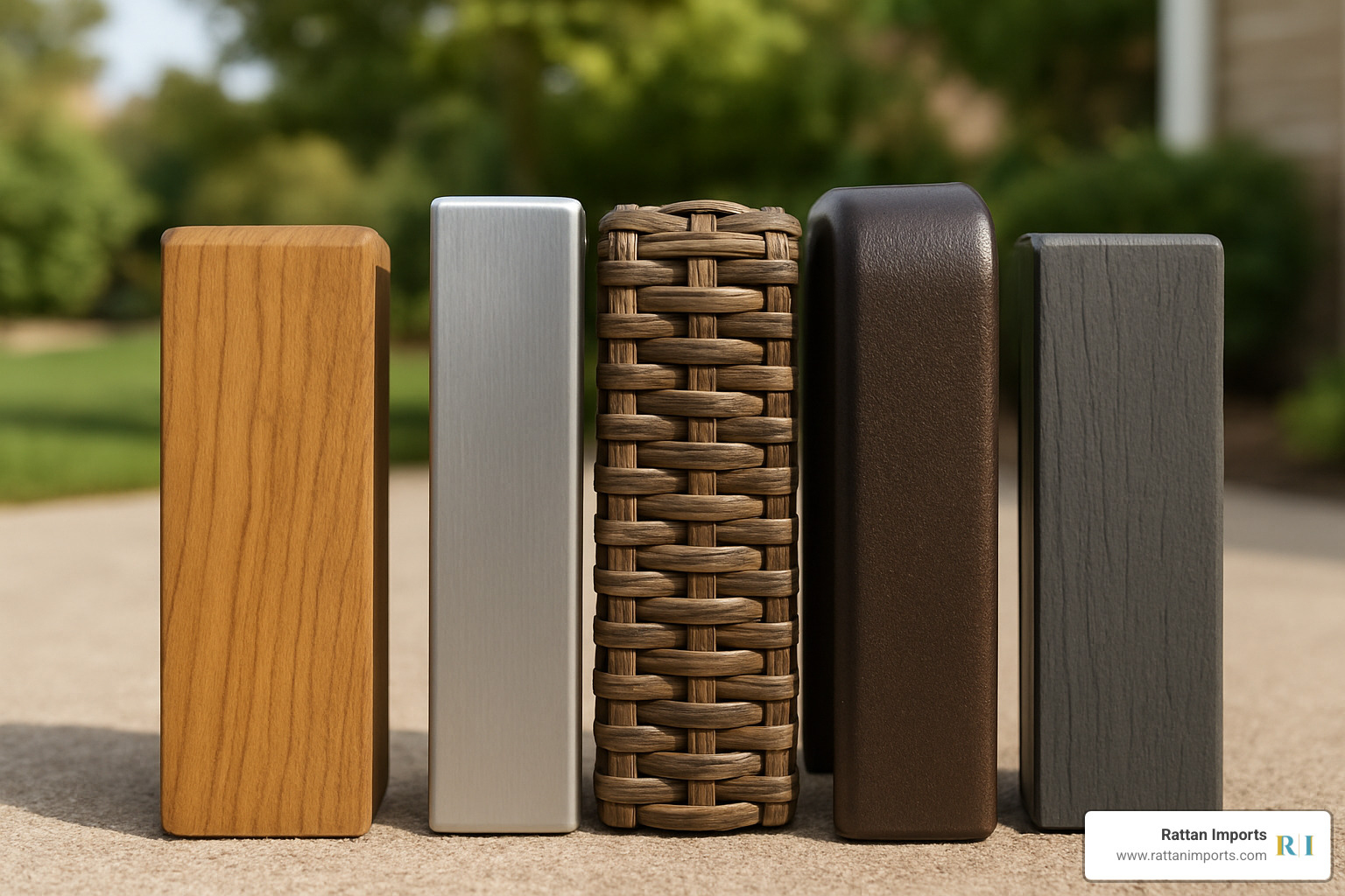 Close-up samples of different outdoor furniture materials showing texture and finish details - outdoor patio furniture