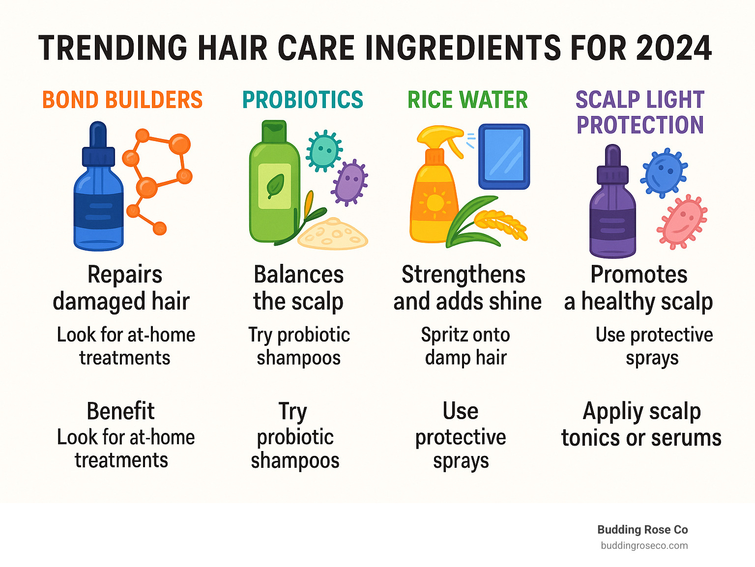 Trending hair care ingredients for 2024 showing bond builders, probiotics, rice water, blue light protection, and scalp microbiome support with benefits and usage tips - buy hair products online infographic 