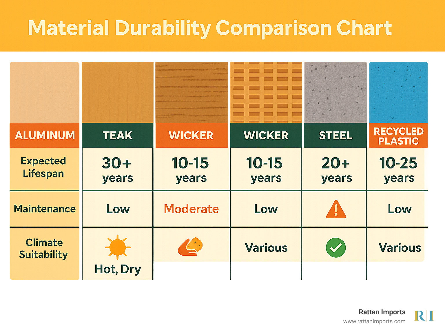 Material durability comparison chart showing expected lifespan, maintenance requirements, and climate suitability for different outdoor furniture materials - outdoor patio furniture infographic 