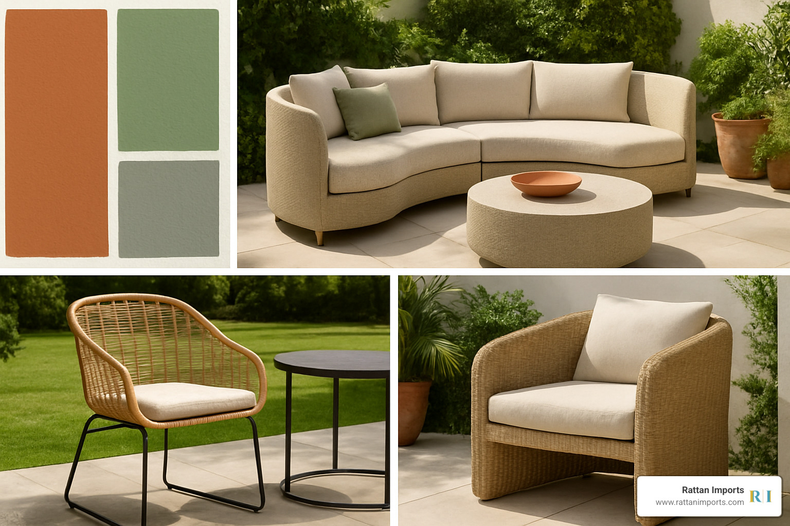Mood board showing 2024 outdoor furniture trends with earth tones, curved shapes, and mixed materials - outdoor patio furniture