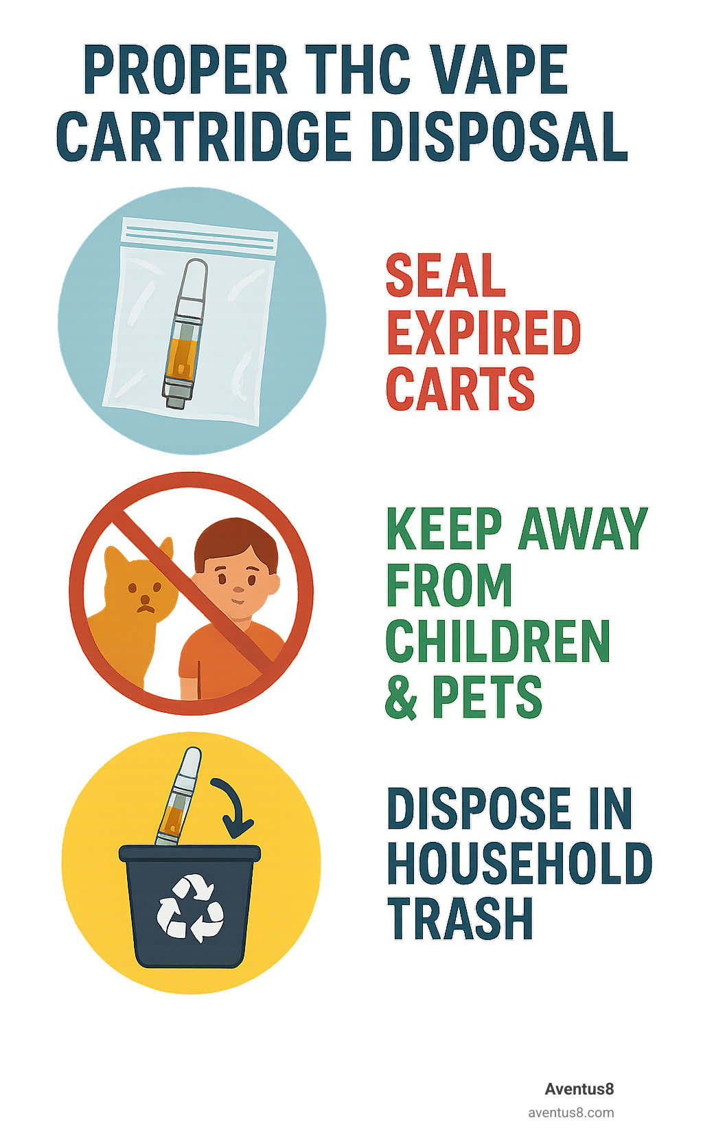 Infographic showing proper THC vape cartridge disposal methods including sealing expired carts, keeping away from children and pets, and disposal in household trash - does thc vape cartridge go bad infographic 