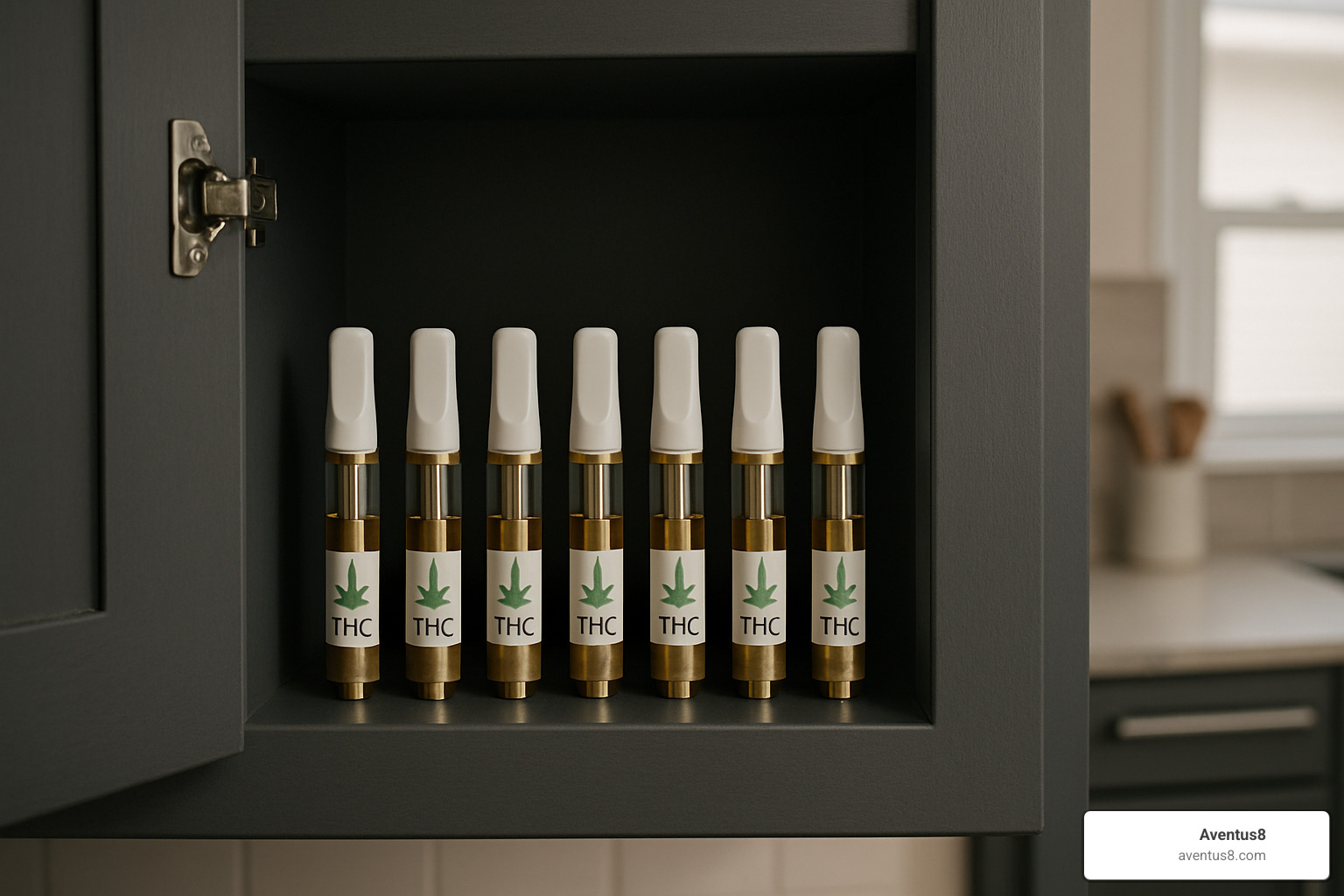 Proper THC vape cartridge storage setup showing cool, dark cabinet with upright cartridges - does thc vape cartridge go bad