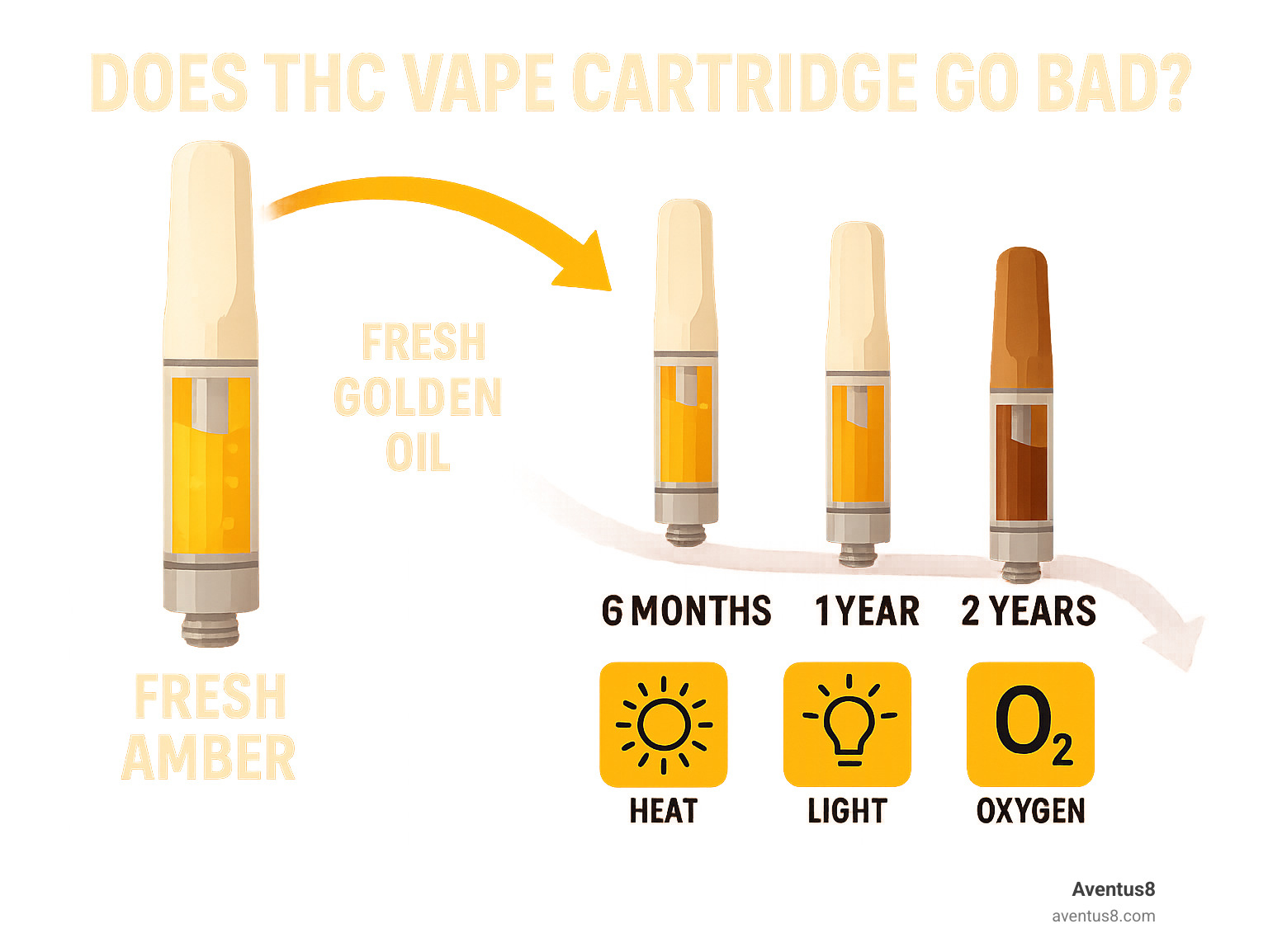 Infographic showing the lifecycle of a THC vape cartridge from fresh golden oil through various stages of degradation, including color changes from clear to amber to dark brown, with timeline markers at 6 months, 1 year, and 2 years, plus storage condition icons showing heat, light, and oxygen as degradation factors - does thc vape cartridge go bad infographic 