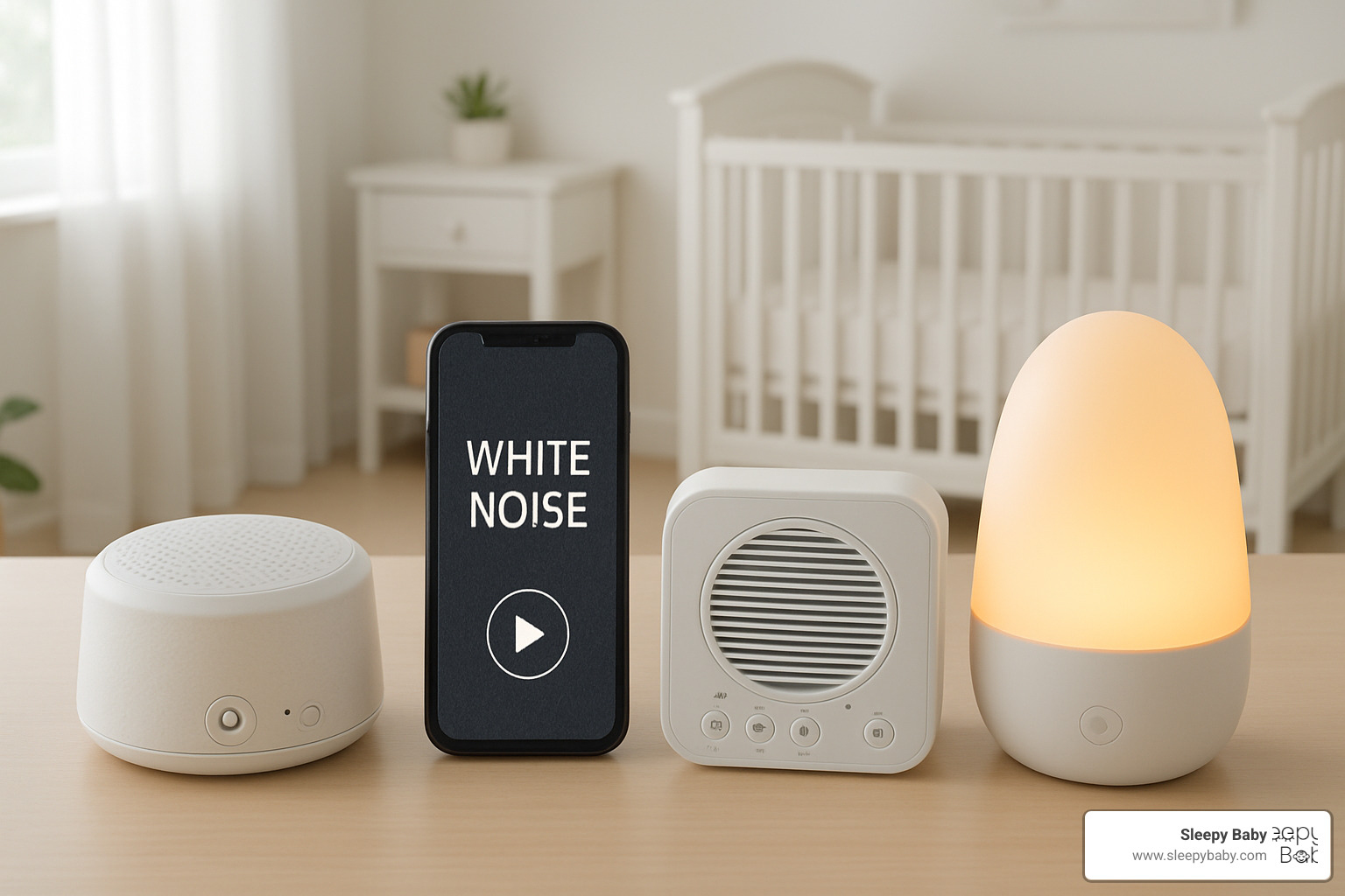 Lineup of various white noise devices including portable machines, smartphone apps, and integrated sleep aids - white noise womb heartbeat