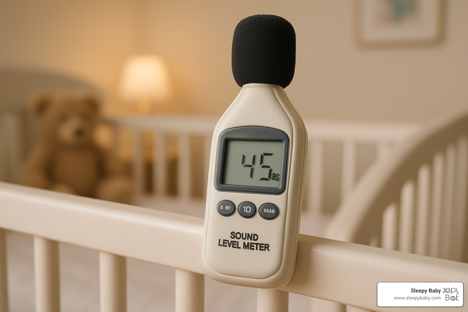 Sound level meter positioned on crib rail showing safe 45 dB reading - white noise womb heartbeat