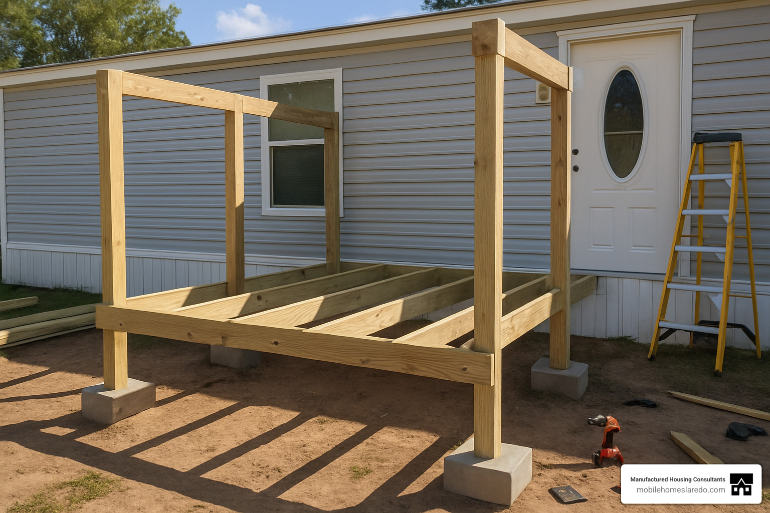 DIY porch framing construction showing foundation work and initial structure assembly - single wide mobile home front porch DIY porch framing construction showing foundation work and initial structure assembly - single wide mobile home front porch