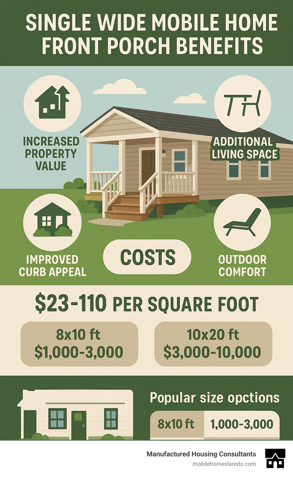 Infographic showing single wide mobile home front porch benefits including increased property value, additional living space, improved curb appeal, and outdoor comfort, alongside cost breakdown showing $23-110 per square foot with popular size options of 8x10 feet costing $1,000-3,000 and 10x20 feet costing $3,000-10,000 - single wide mobile home front porch infographic  Infographic showing single wide mobile home front porch benefits including increased property value, additional living space, improved curb appeal, and outdoor comfort, alongside cost breakdown showing $23-110 per square foot with popular size options of 8x10 feet costing $1,000-3,000 and 10x20 feet costing $3,000-10,000 - single wide mobile home front porch infographic