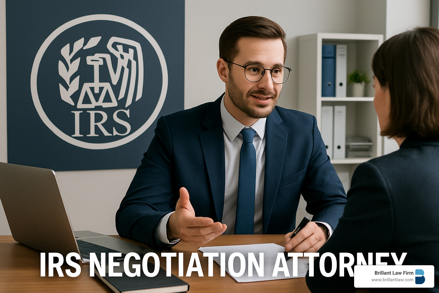 Professional attorney signing Power of Attorney documents with client - IRS negotiation attorney