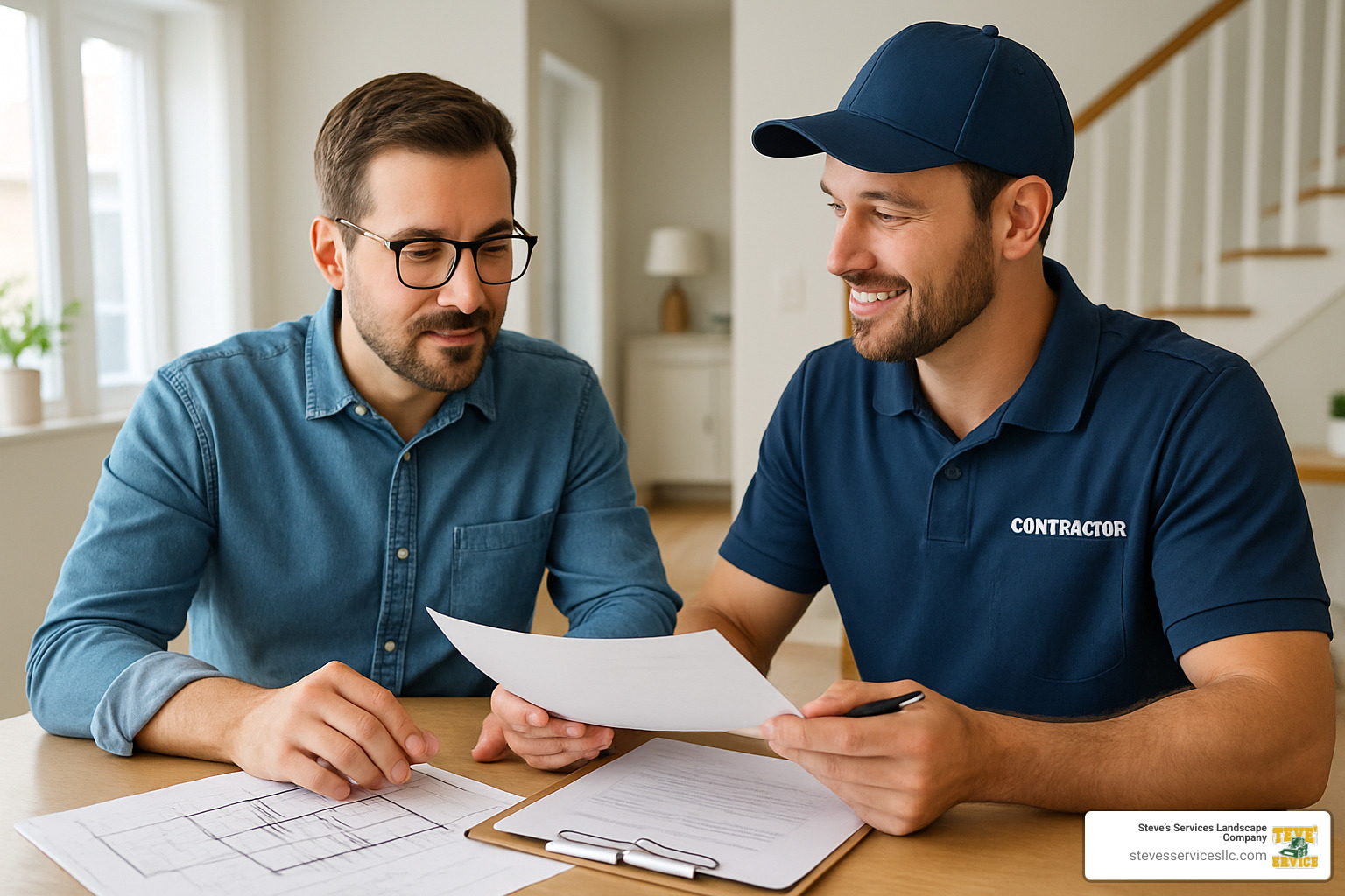 homeowner interviewing contractor with documents and plans on table - home improvement contractors near me