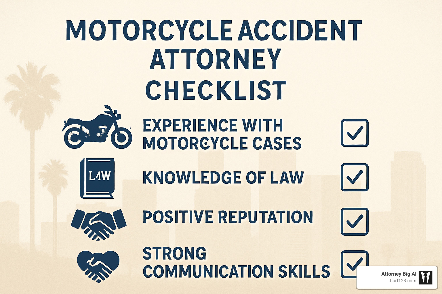 Checklist graphic showing key criteria for selecting a motorcycle accident attorney - motorcycle accident attorney orange