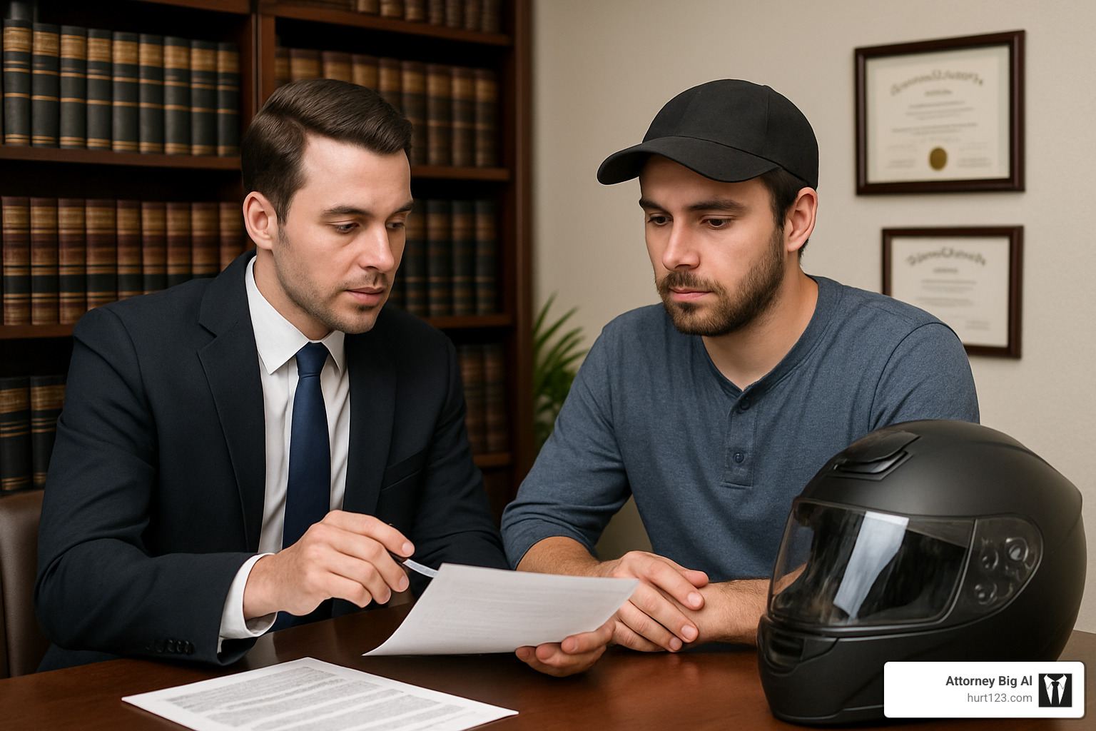 Attorney consulting with motorcycle accident client in office setting - motorcycle accident attorney orange