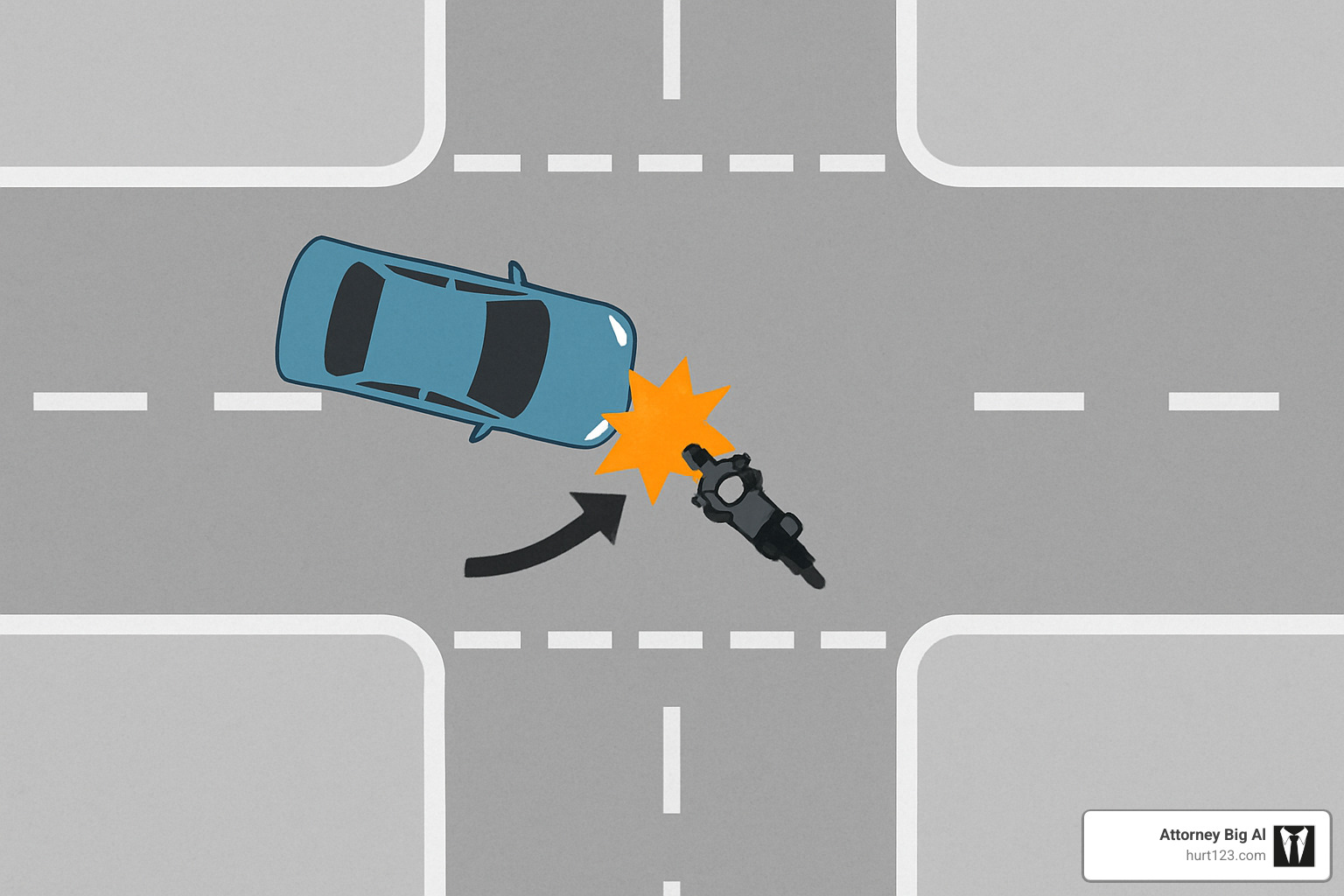 Diagram showing typical intersection collision between motorcycle and left-turning vehicle - motorcycle accident attorney orange