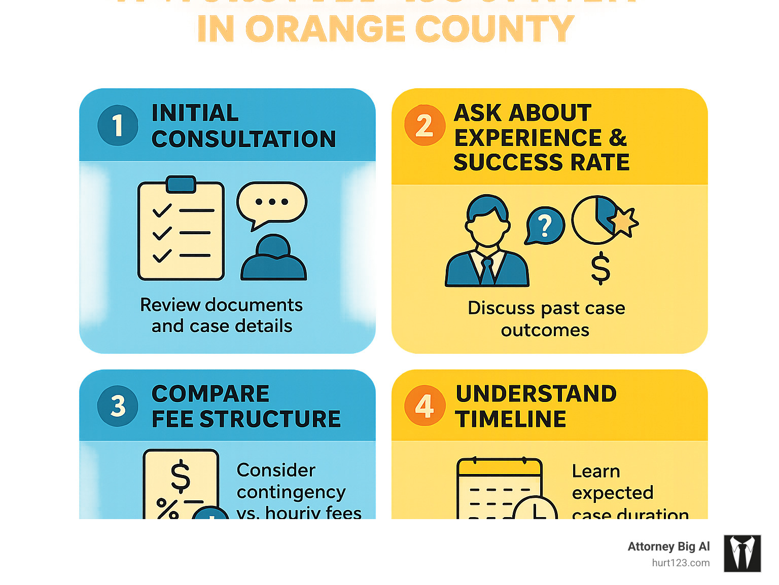 Infographic showing step-by-step process for selecting a motorcycle accident attorney in Orange County, including initial consultation checklist, questions to ask about experience and success rates, fee structure comparison, and timeline expectations for case resolution - motorcycle accident attorney orange infographic
