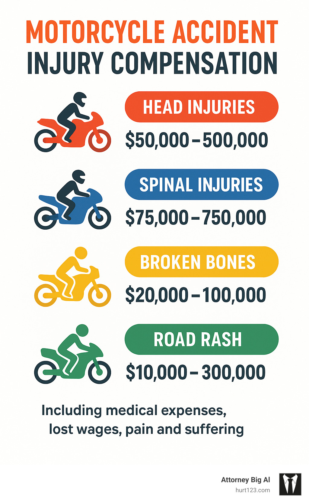 Infographic showing average compensation ranges for different types of motorcycle accident injuries, including medical expenses, lost wages, and pain and suffering calculations - motorcycle accident attorney orange infographic